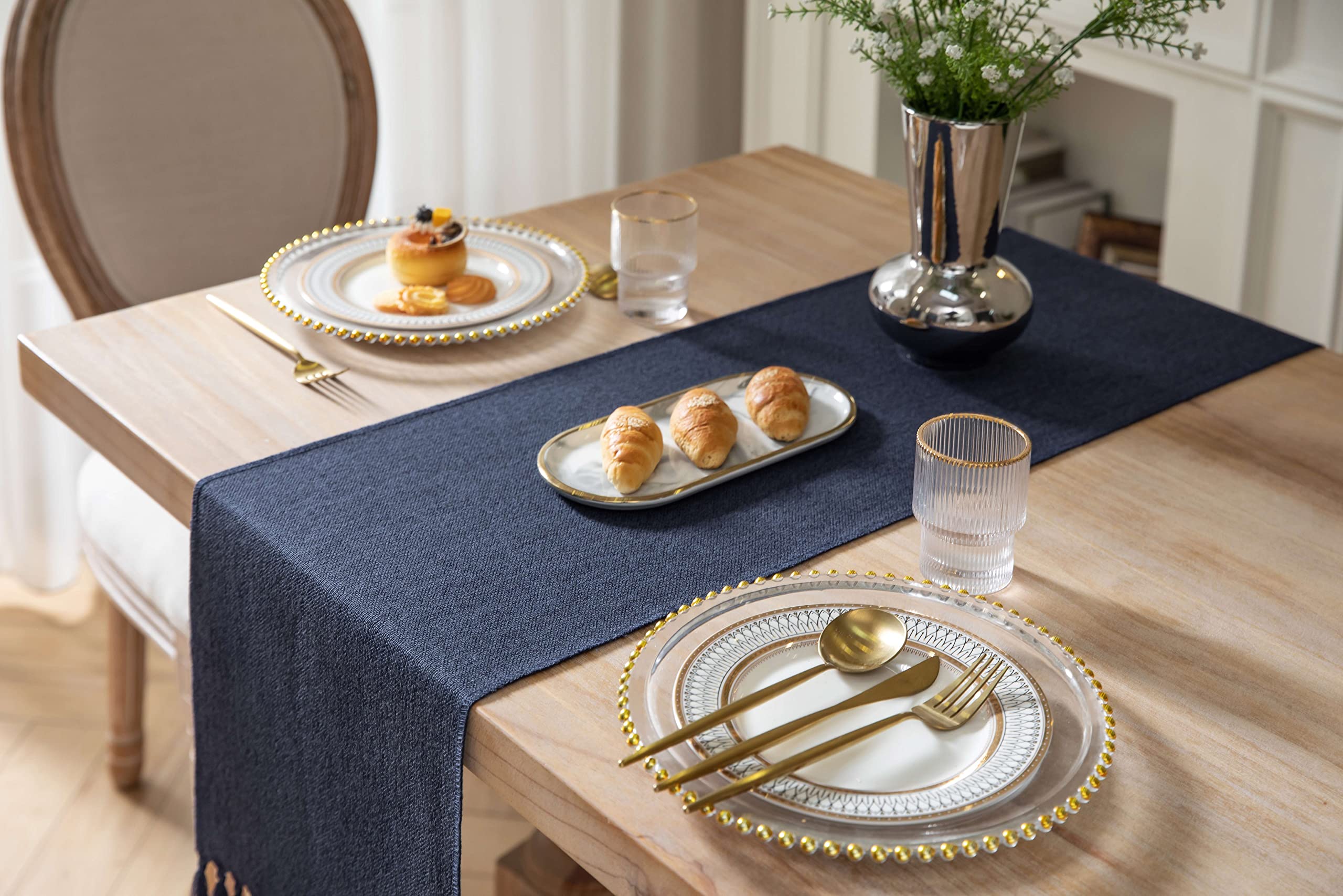 Zeemart Navy Table Runners 90 Inches Long, Burlap Linen Style Rustic Farmhouse Table Runner, Long Boho Dining Table Runner, 13X9