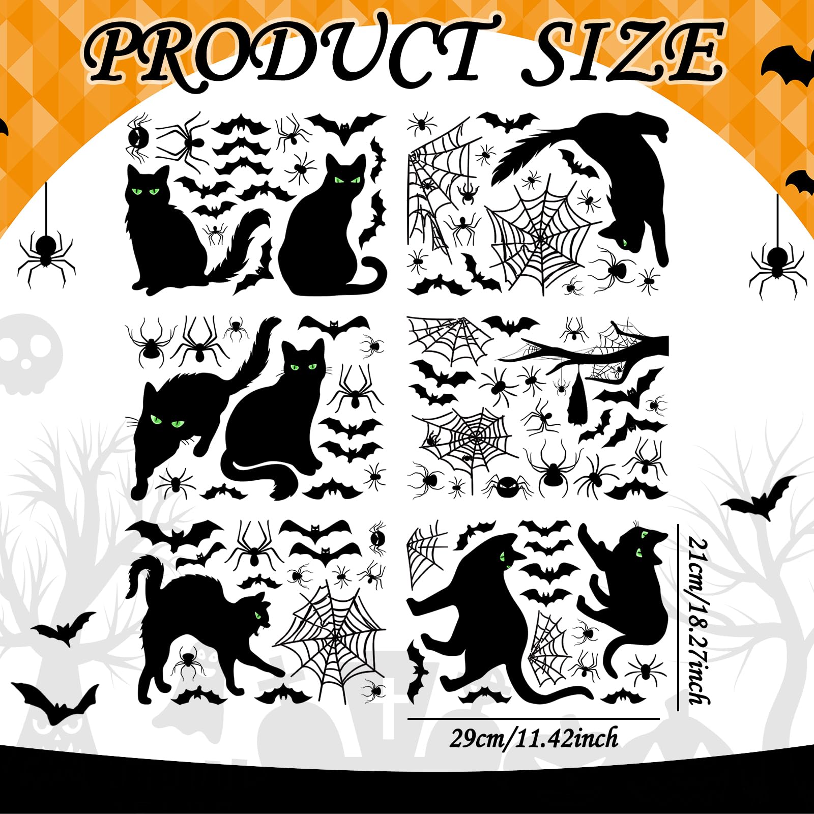 Chivertion 6 Sheets 101 Pcs Halloween Black Cat Wall Sticker Decoration Bats Spiders Web Scary Decals Removable Double Side Wall