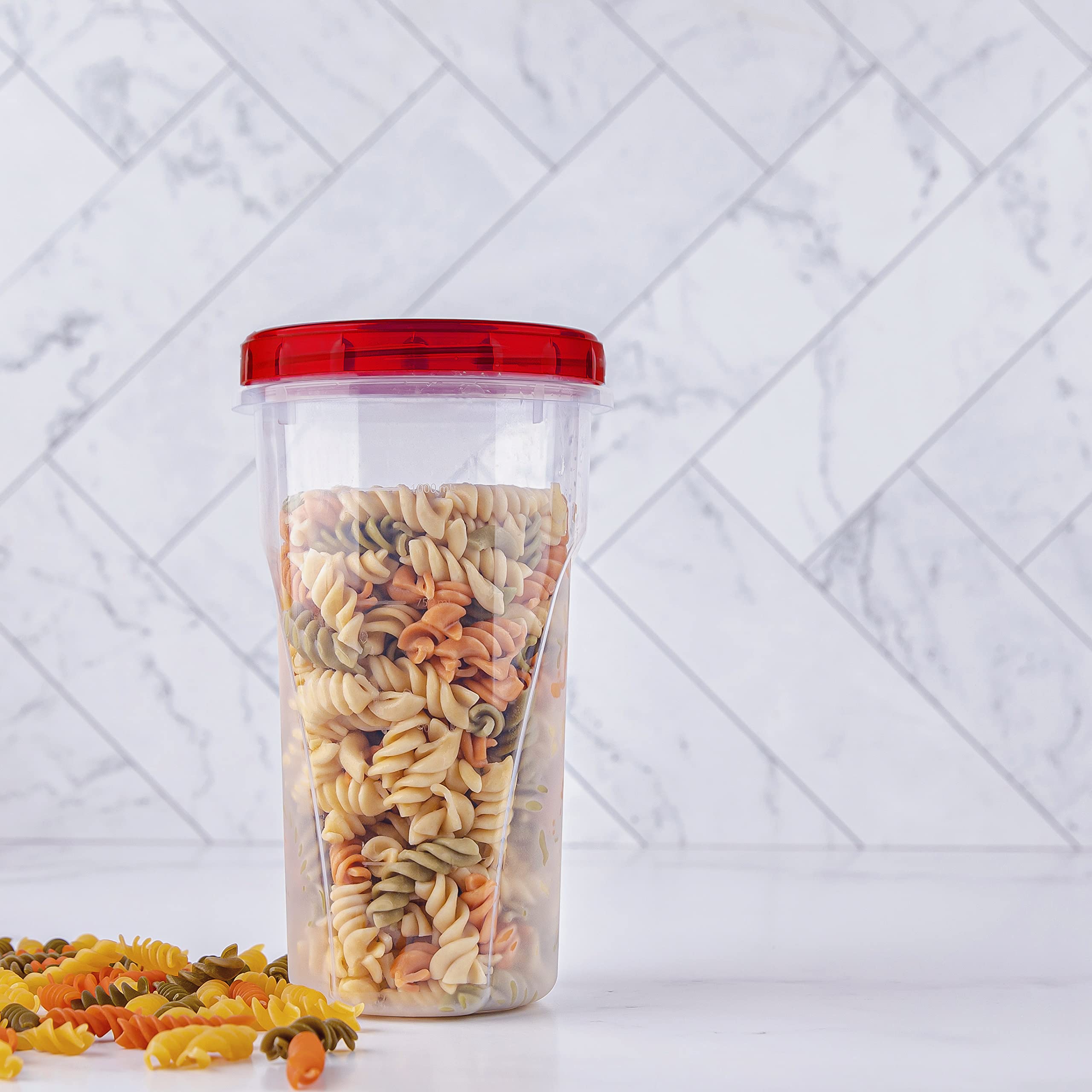 Plasticpro 48 Ounce Twist Top Deli Containers Clear Bottom With Red Top Twist On Lids Reusable, Stackable, Food Storage Freezer