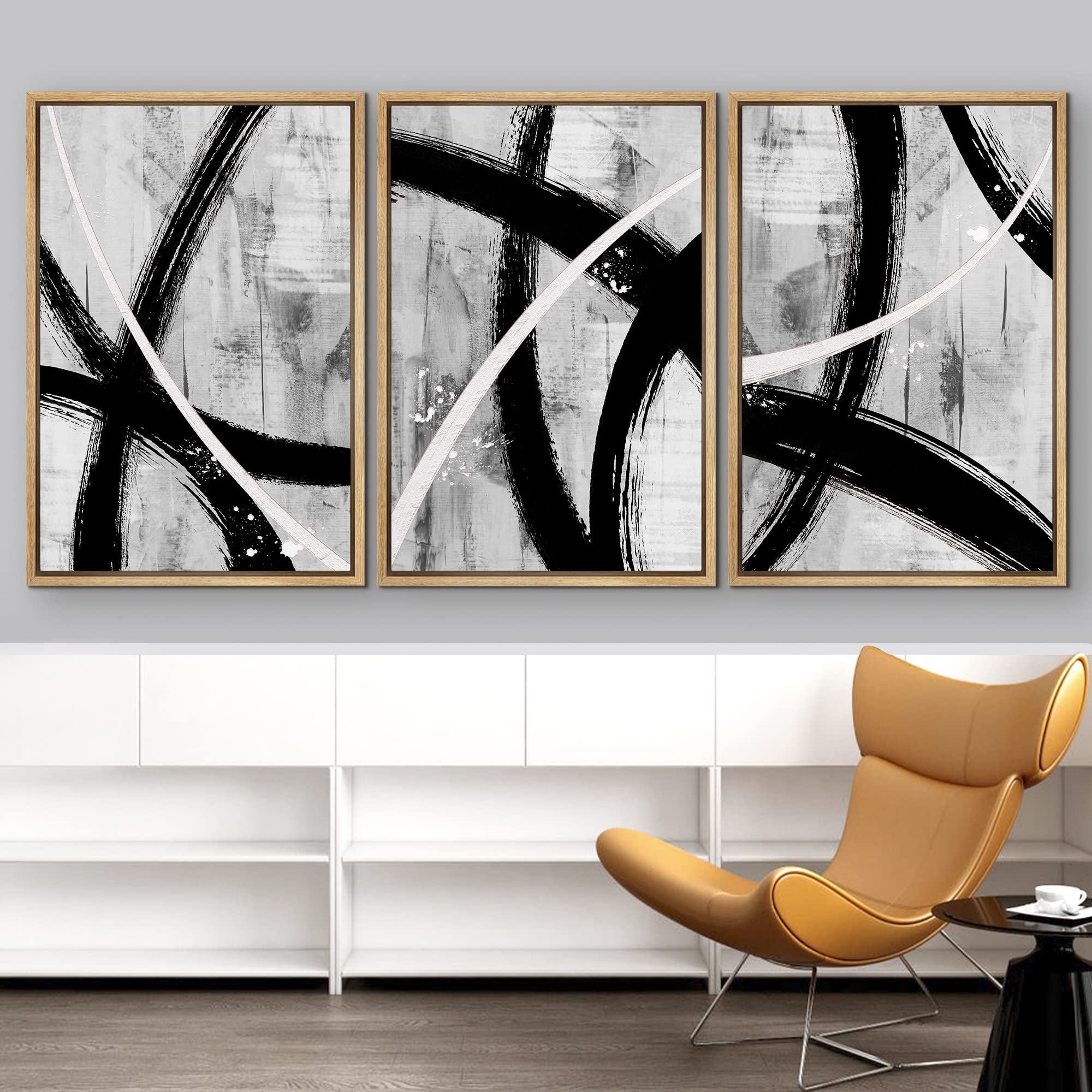 Idea4Wall Framed Canvas Print Wall Art Set Black Gray White Geometric Paint Strokes Abstract Shapes Illustrations Modern Art Con