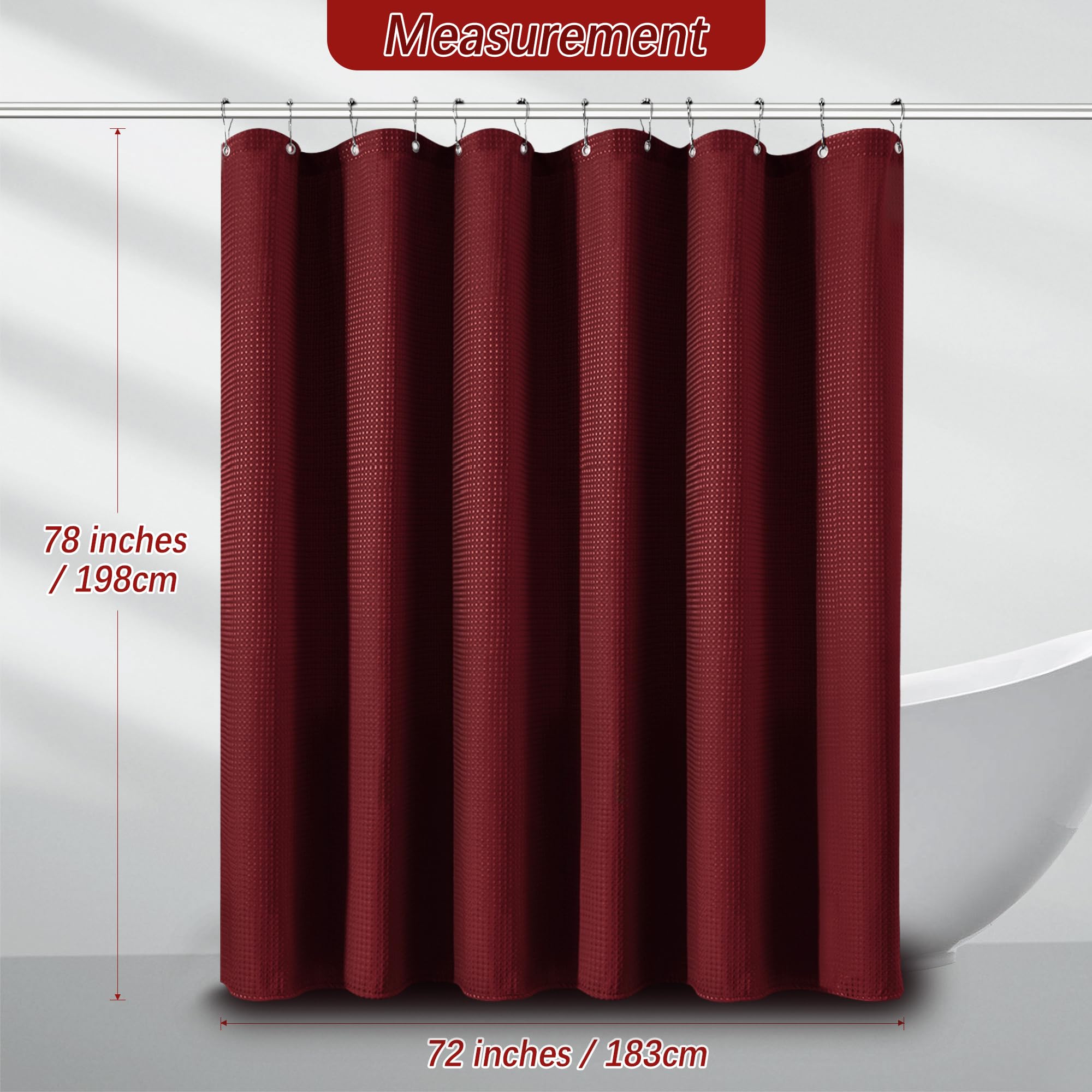 Pangsinne Long Burgundy Fabric Shower Curtain - Waffle Textured Tall Heavy Duty Cloth Shower Curtains For Bathroom, 256Gsm Large