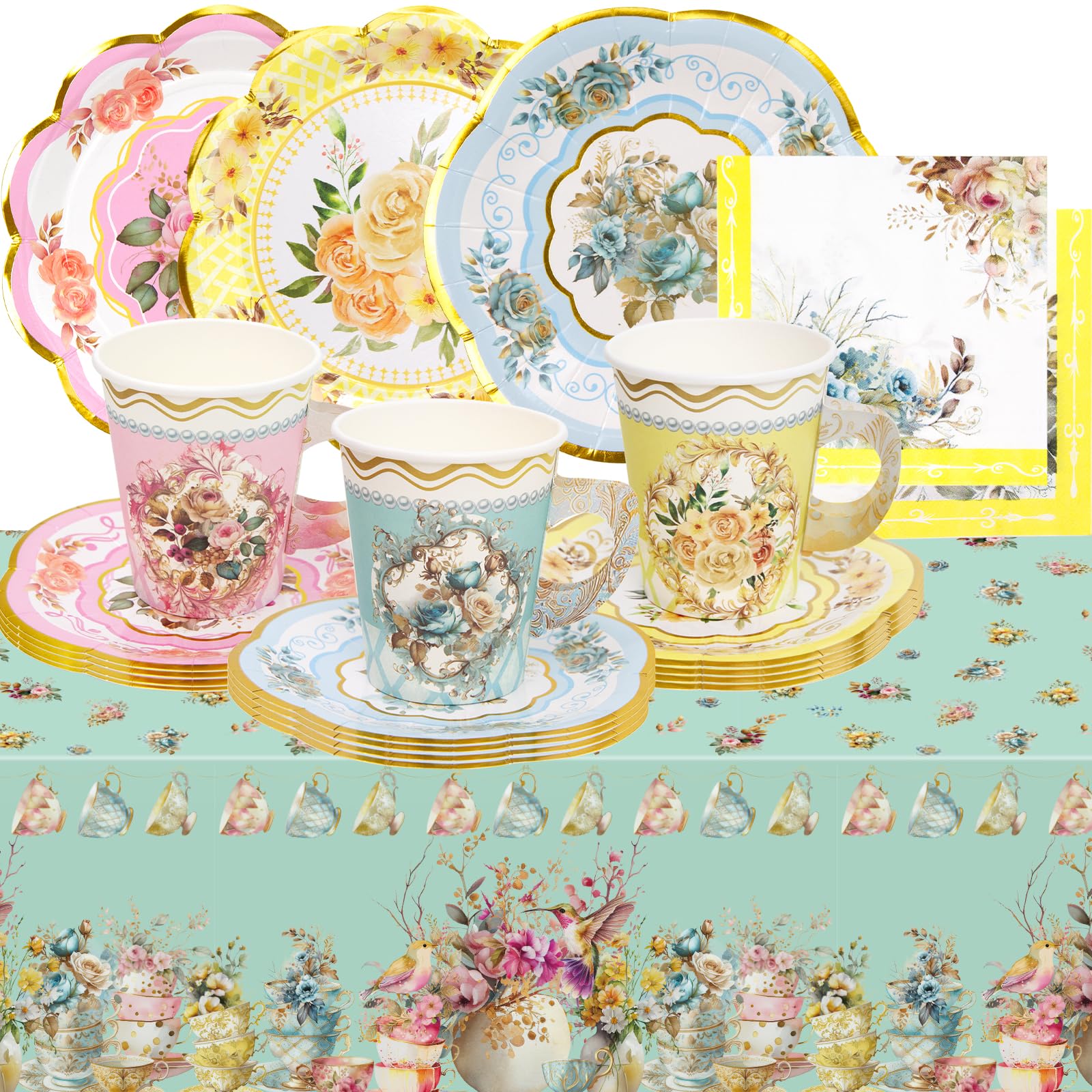 WorldBazaar Tea Party Supplies Floral Party Dinnerware 12 Set Paper Tea Cups and Saucers, Plates Napkins Tablecloth Birthday Tab