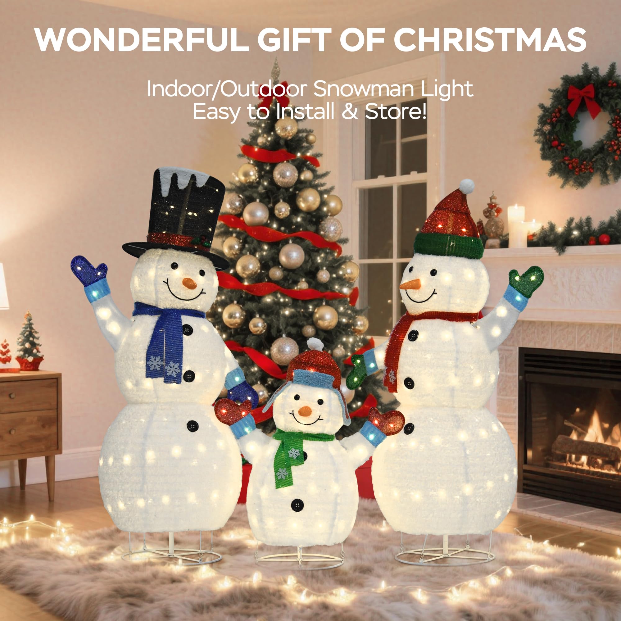VELTENOVAIRE 62/60/35 Large 3D Pop-Up Snowman Set, Lighted Snowman Family Outdoor Christmas Decor with 250 Warm White LEDs, Grou