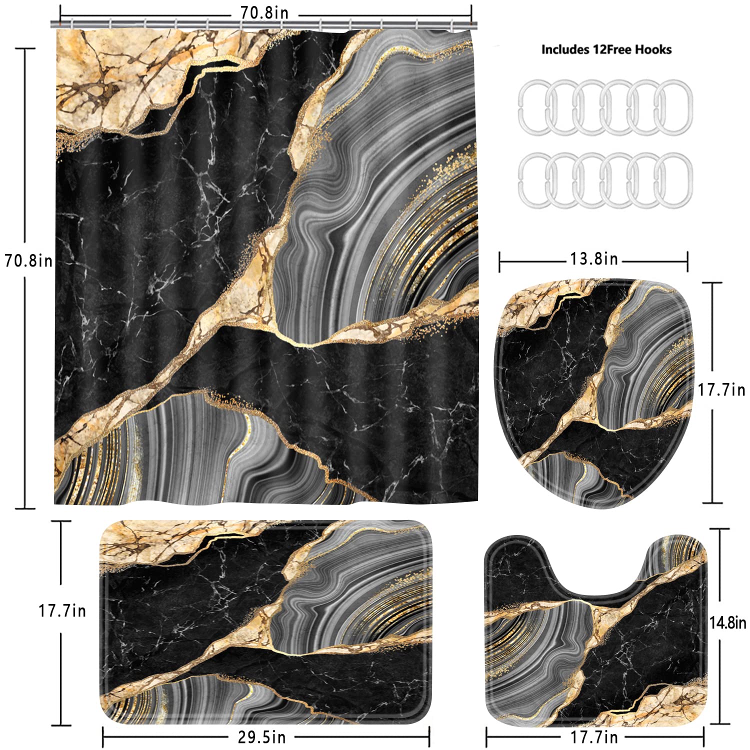 Nkzply 4 Pcs Black Marble Shower Curtain Sets With Rugs Gold Bathroom Sets With Shower Curtain And Rugs Modern Abstract Grey Bat