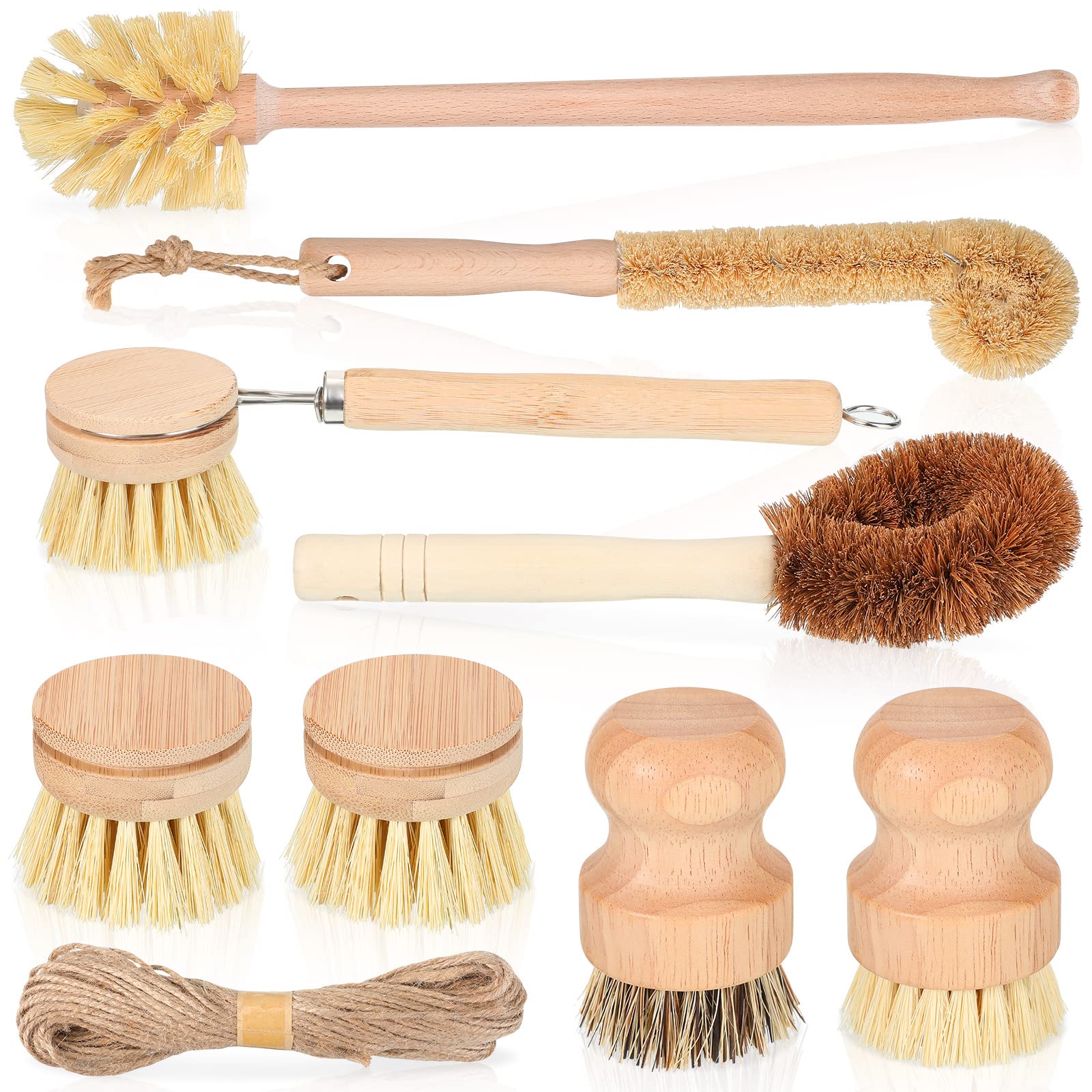 8 Pcs Bamboo Dish Brush Dish Washing Scrub Bottle Brush Wooden Palm Pot Brush Cleaning Scrubbers with Natural Sisal Bristles Lon