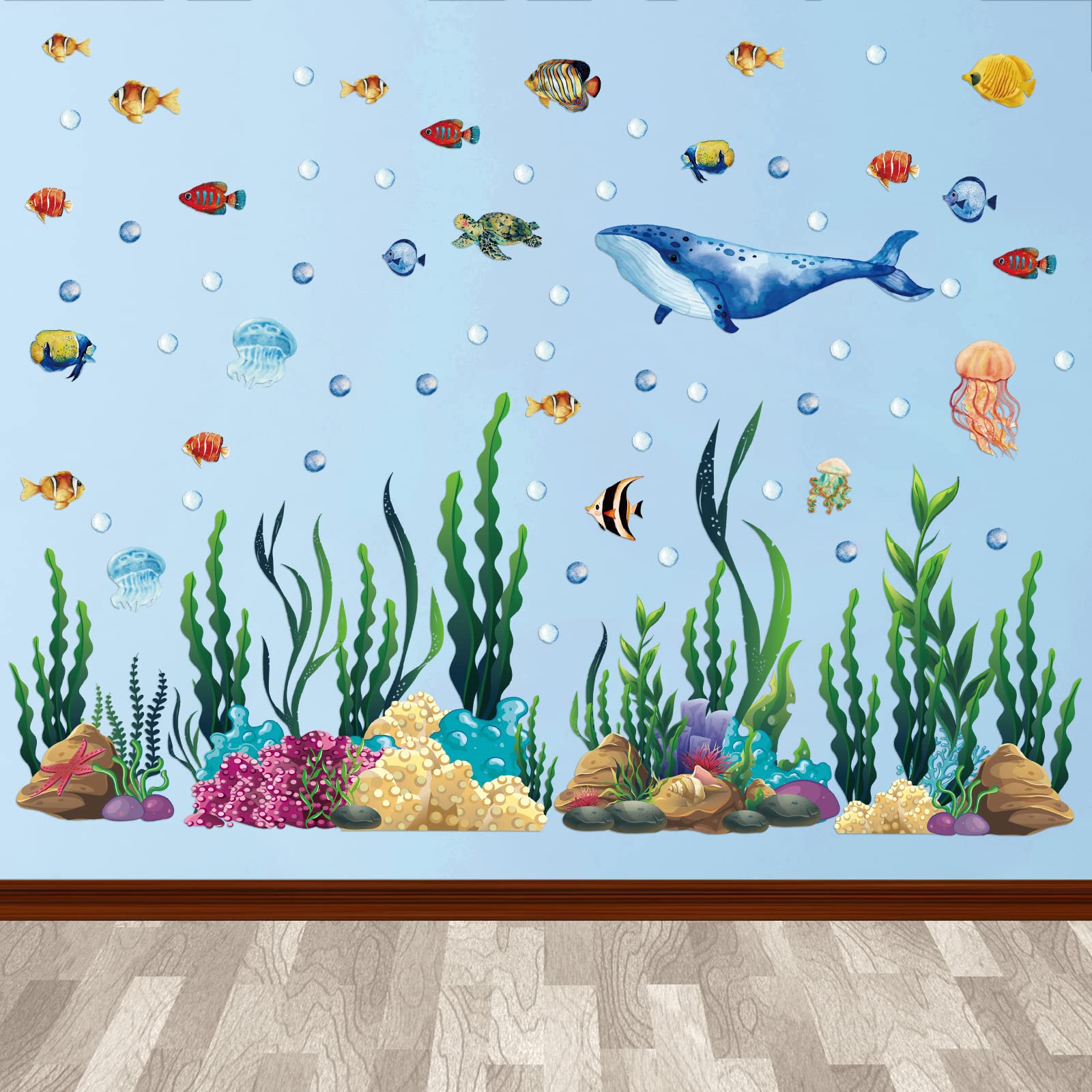 300 Pcs Ocean Wall Decals Stickers Under The Sea Ocean Animal Peel and Stick 2 Sheets Large Coral Reef and Seaweed, Bubbles Viny
