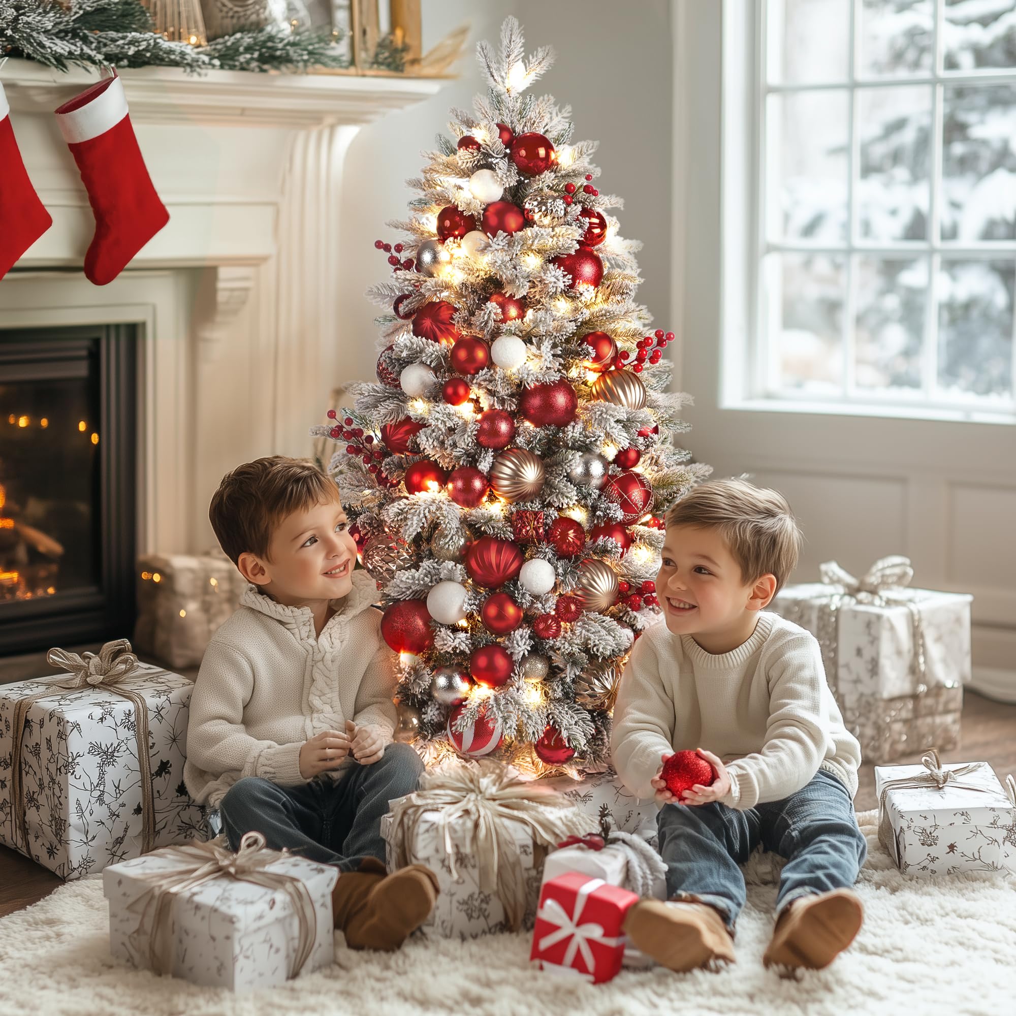 OasisCraft 4ft Flocked Christmas Tree, Pre Lit with Red Berries and Pinecones, DIY Decorations Tabletop Tree