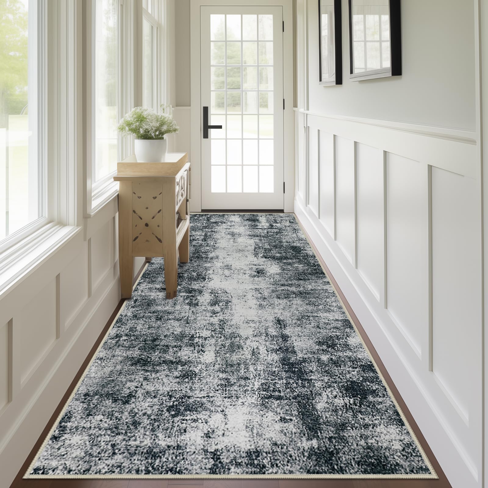Capslpad Abstract Washable Runner Rug, 2.6x8 Black Non-Slip Hallway Runner Rug, Modern Low Pile Kitchen Runner Rug, Ultra Soft P