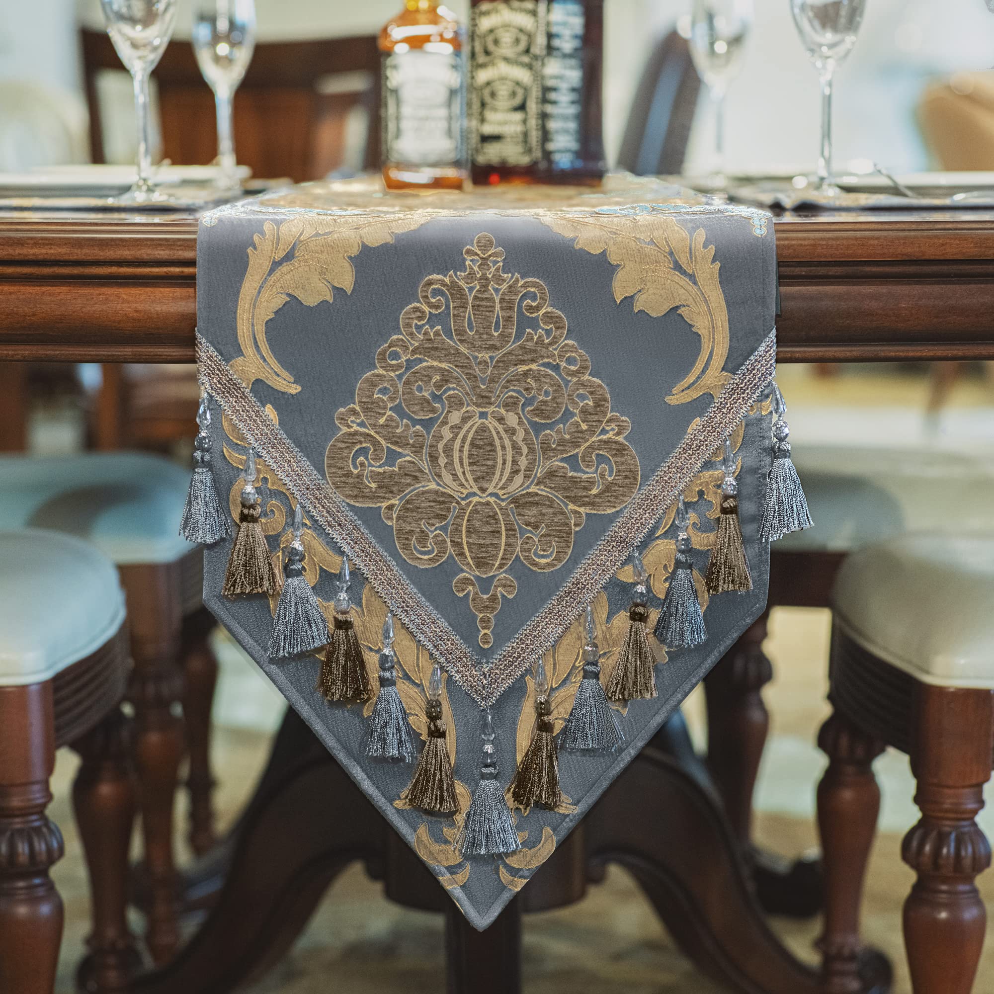 Loom And Mill Luxury Table Runner 90 Inches Long, Traditional Damask Jacquard Table Runners With Handmade Multi-Tassels For Dini