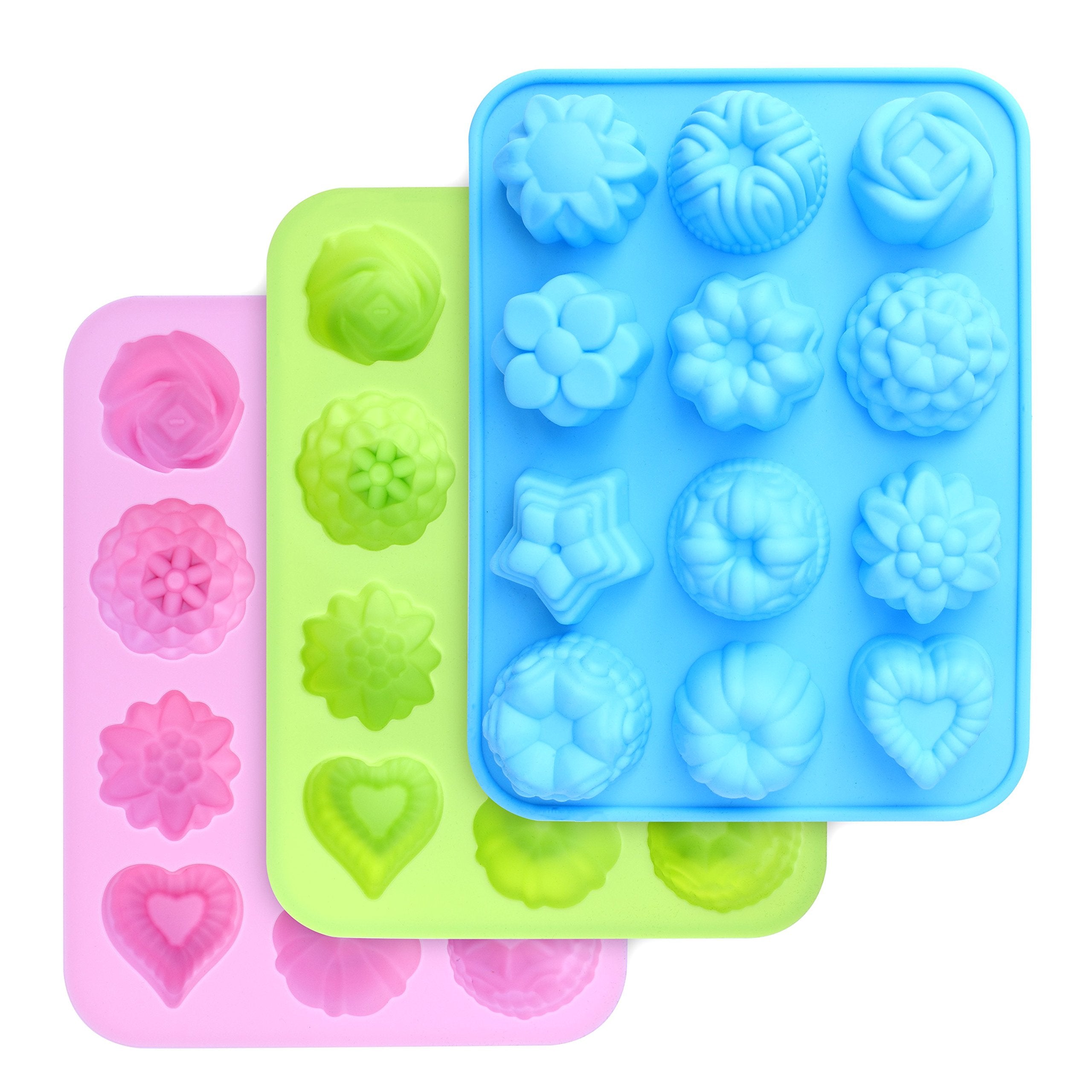 homEdge Food Grade Silicone Flowers Molds, Baking Pan with Flowers and Heart Shape Non-Stick 3-Pack Silicone Molds for Chocolate