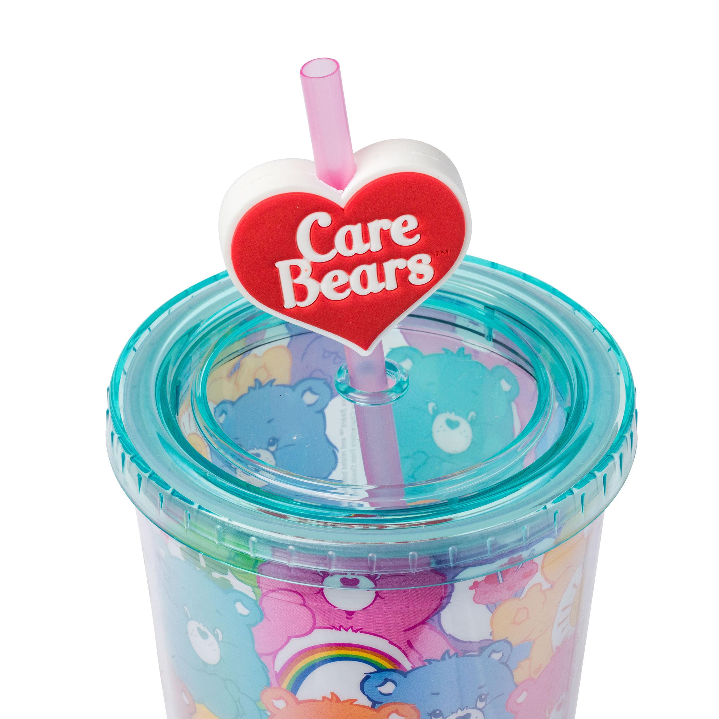 Silver Buffalo Care Bears Multi Bear All Over Plastic Cold Cup With Lid And Topper Straw, 24 Ounces