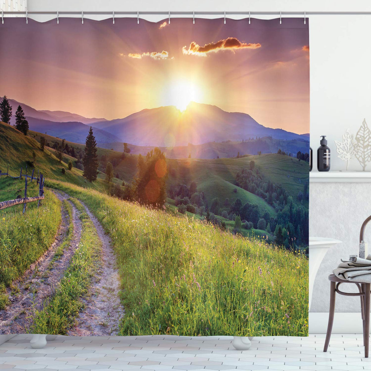 Ambesonne Landscape Shower Curtain, Sunset In The Mountain Landscape Rural Road Forest Countryside Wonderland Print, Cloth Fabri