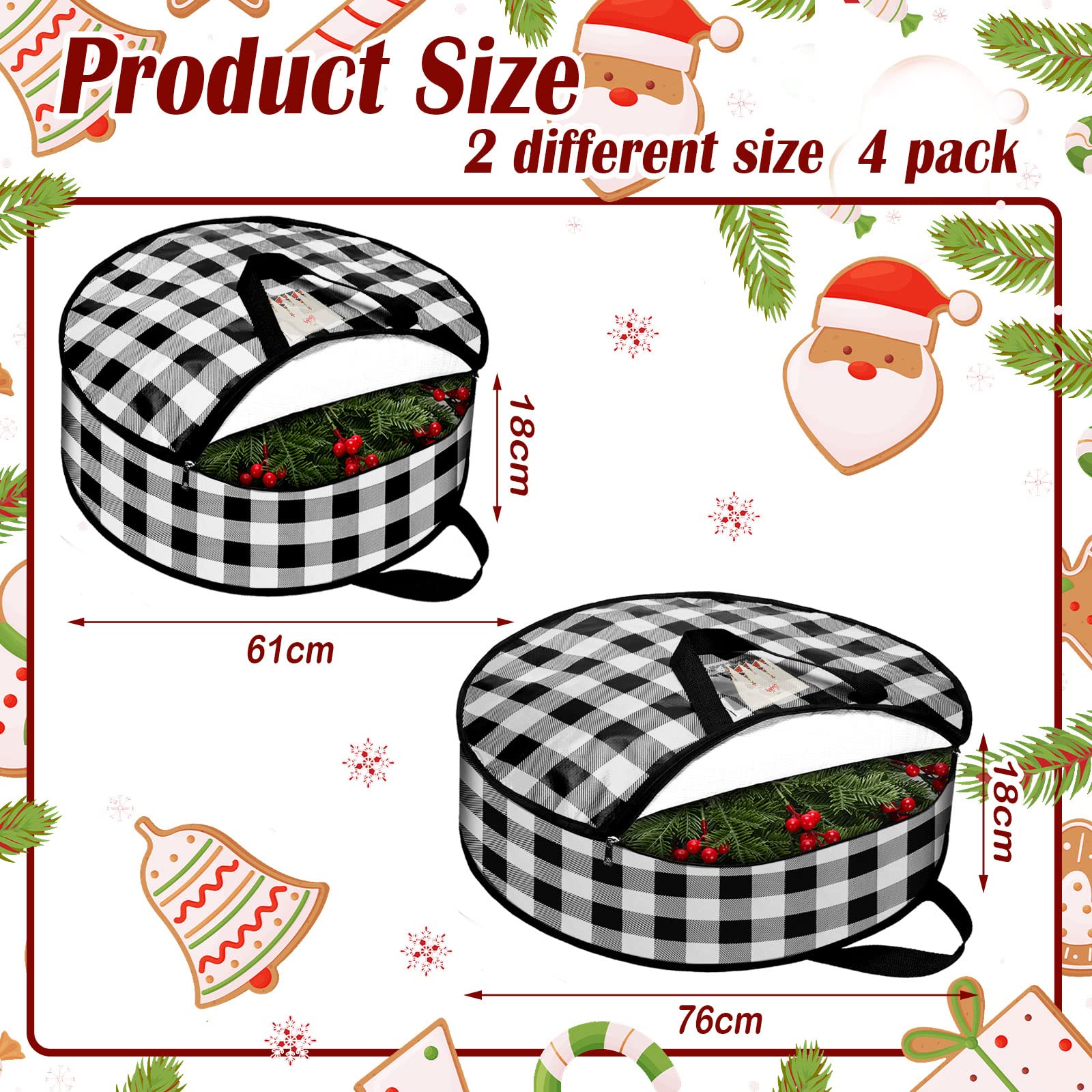 Sadnyy 4 Pcs Christmas Wreath Storage Bag 24 Inch&30 Inch Large Wreath Storage Container Buffalo Plaid Garland Container Waterpr
