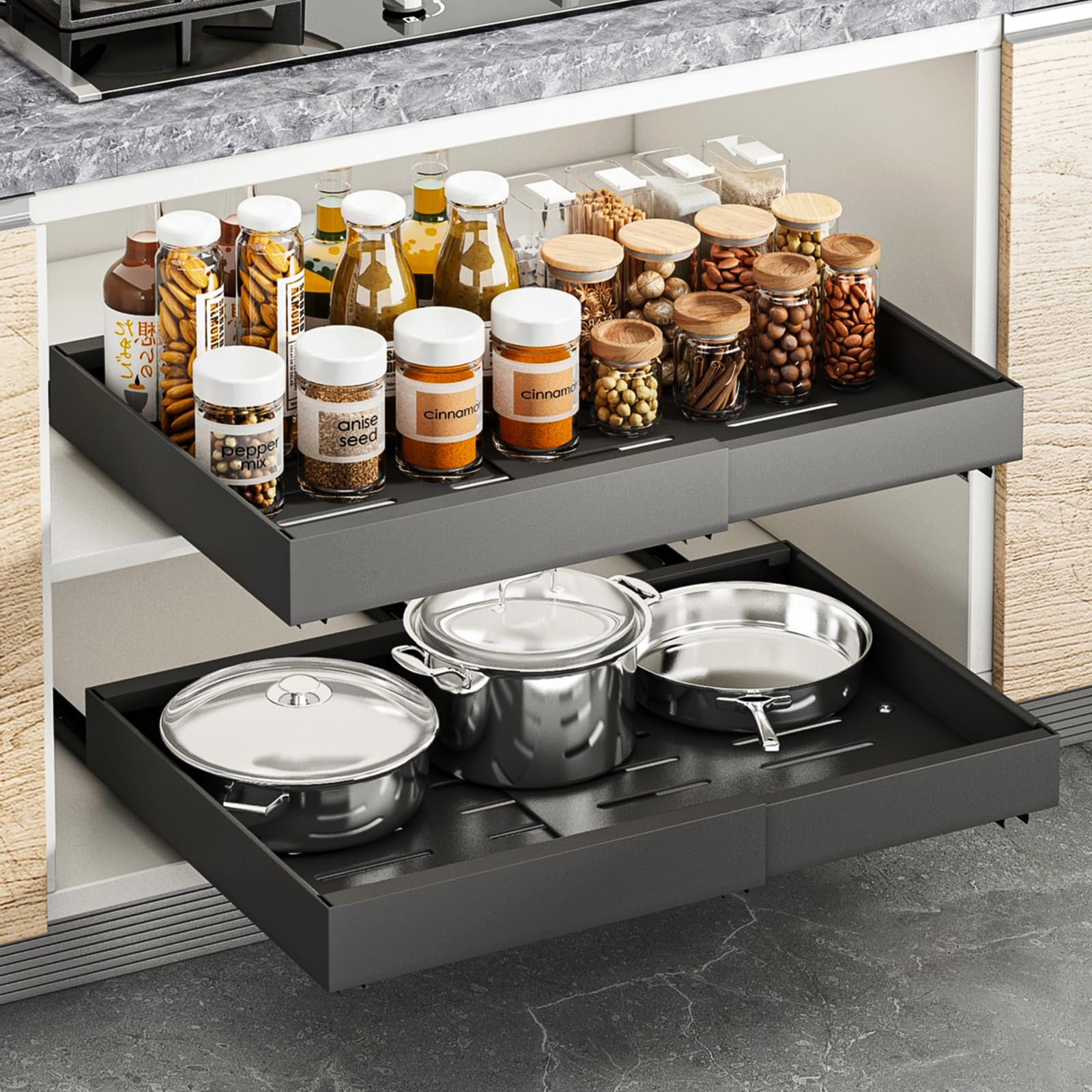 1 Pack Pull Out Cabinet Organizer, Expandable Width (12.220.4) x 16.5 Deep Slide Out Drawers for Kitchen Pantry Bathroom Ca