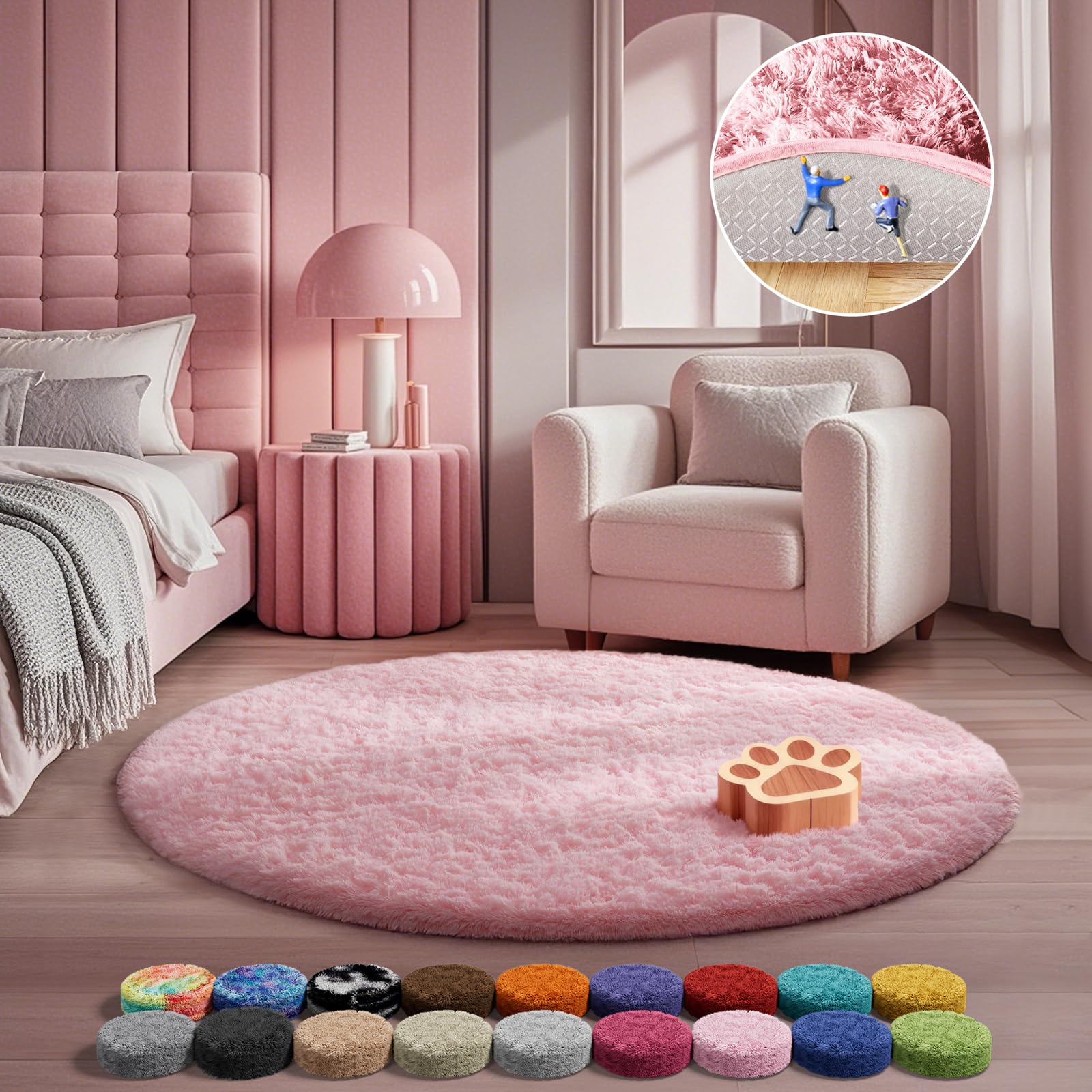 Ophanie Pink Round Rug for Bedroom Girls, Kids Fluffy Kawaii Fuzzy Shag Circle Circular Area Rugs, Cute Plush Christmas Small Ca