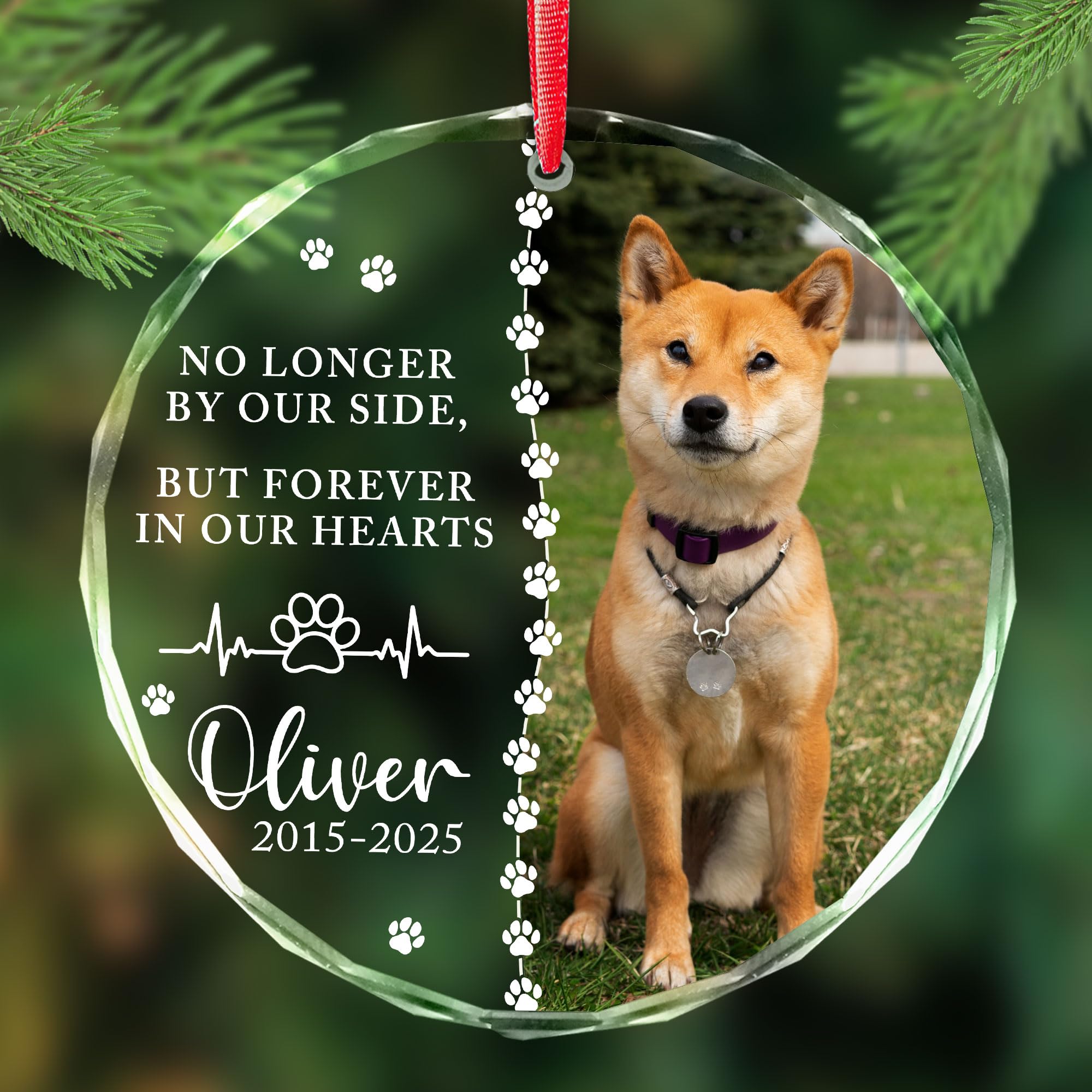 Custom Dog Photo Memorial Christmas Ornaments 2025 - Dog Loss, Pet Sympathy, Remembrance Keepsake - No Longer by Our Side Glass 