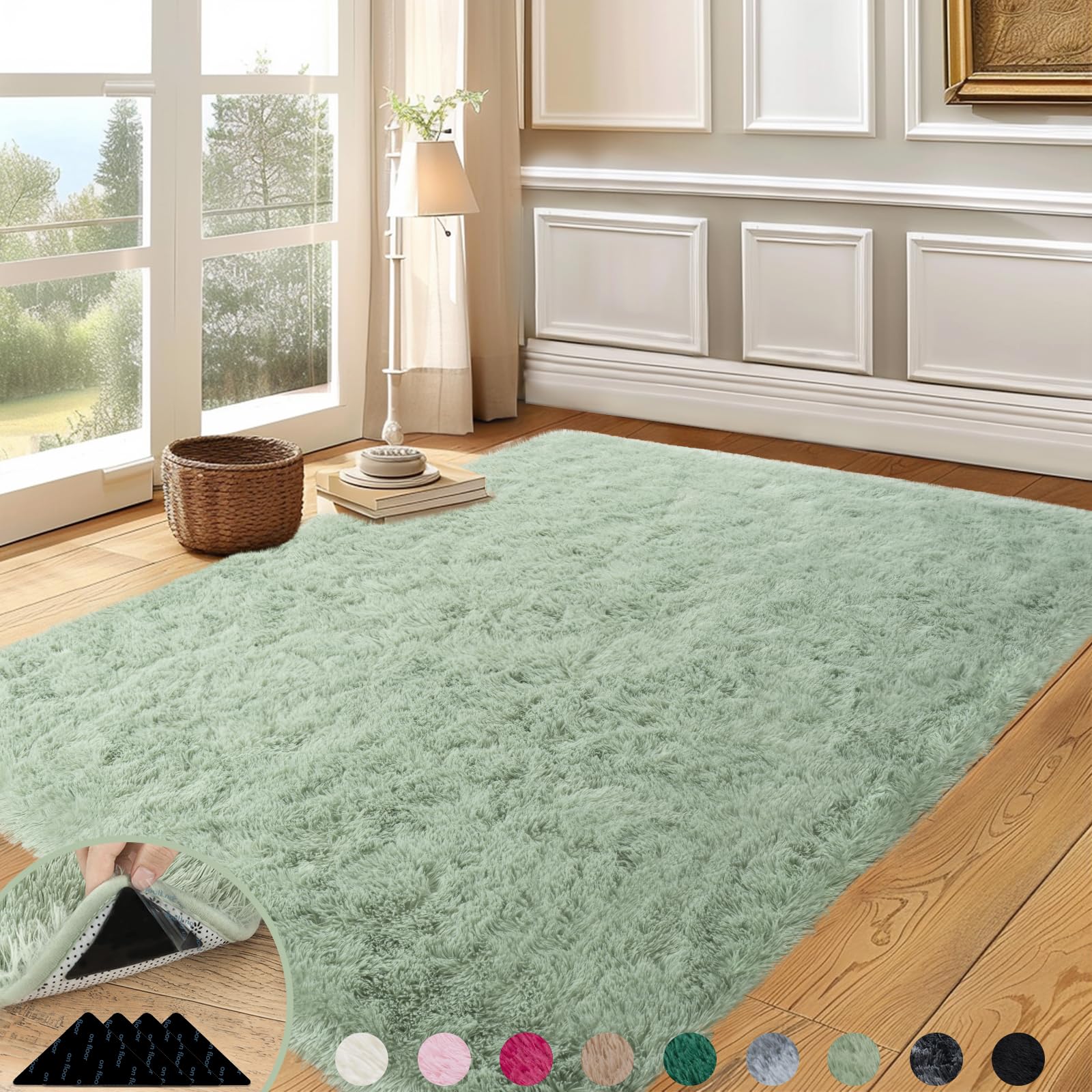 Mugorn Green Rugs for Living Room, 5x7 Feet Large Fluffy Area Rugs for Bedroom, Soft Carpet Shag Kids Rug with 4 Non-Slip Rug Pa