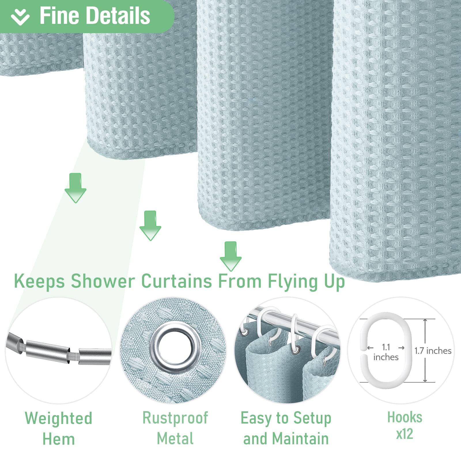 Dynamene Fog Blue Fabric Shower Curtain for Bathroom- Waffle Weave Textured Heavy Duty Cloth   256GSM Hotel Luxury Weighted Bath Curtain Set with 12 Plastic Hooks 72x72  Fog Blue