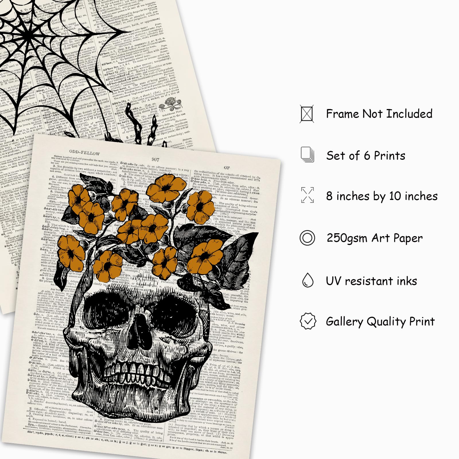 Whaline 6Pcs Skeleton Wall Art Prints 8X10 Inch Vintage Halloween Wall Decor Skeleton Bat Spooky Gothic Home Decor Wall Art For