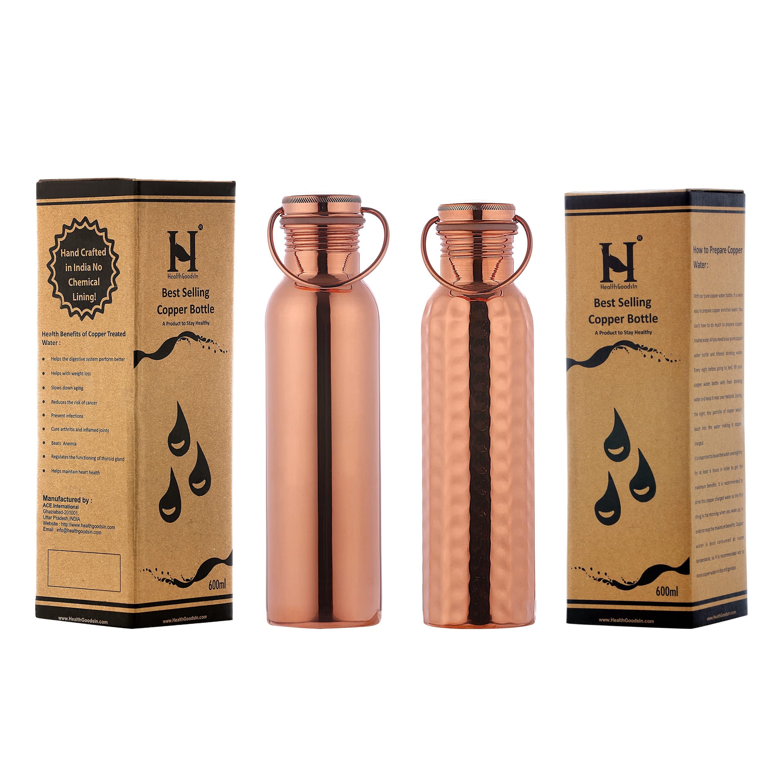 Set Of Plain And Hammered Copper Water Bottle With Handle, 600 Ml (20.28 Us Fl Oz) For Ayurveda Health Benefits