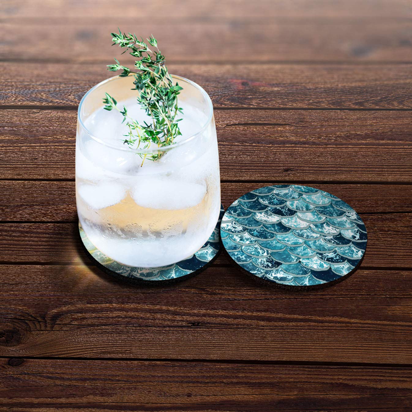 Caribou Coasters , Mermaid Scales Blue Wave Design Absorbent Round Fabric Felt Neoprene Car Coasters For Drinks, 2Pcs Set