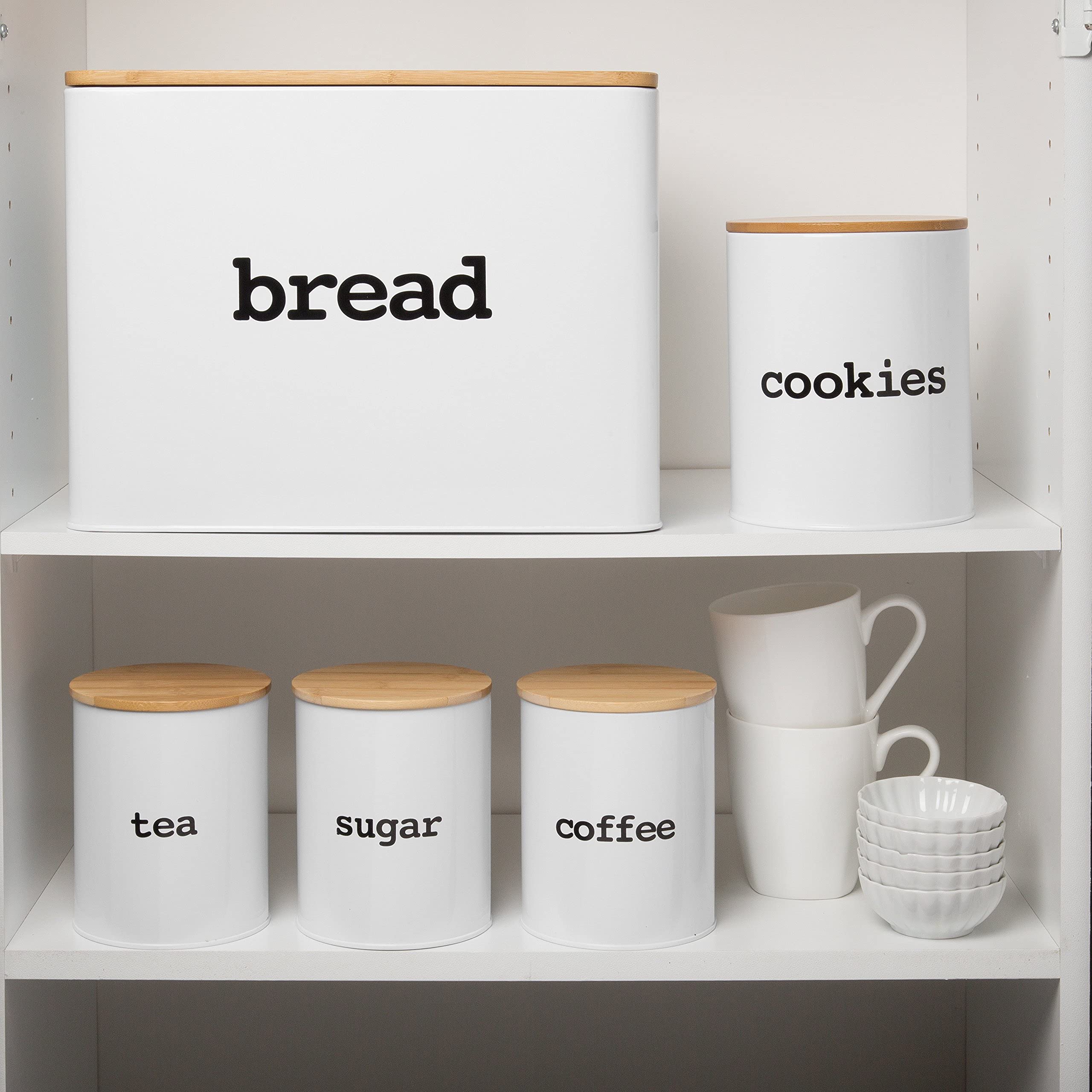 Canister Set For The Kitchen (5 Pieces)- White Tin Organizers W Air Tight Lids- Tea Sugar Coffee, Cookie Jar, Breadbox & Bonus B