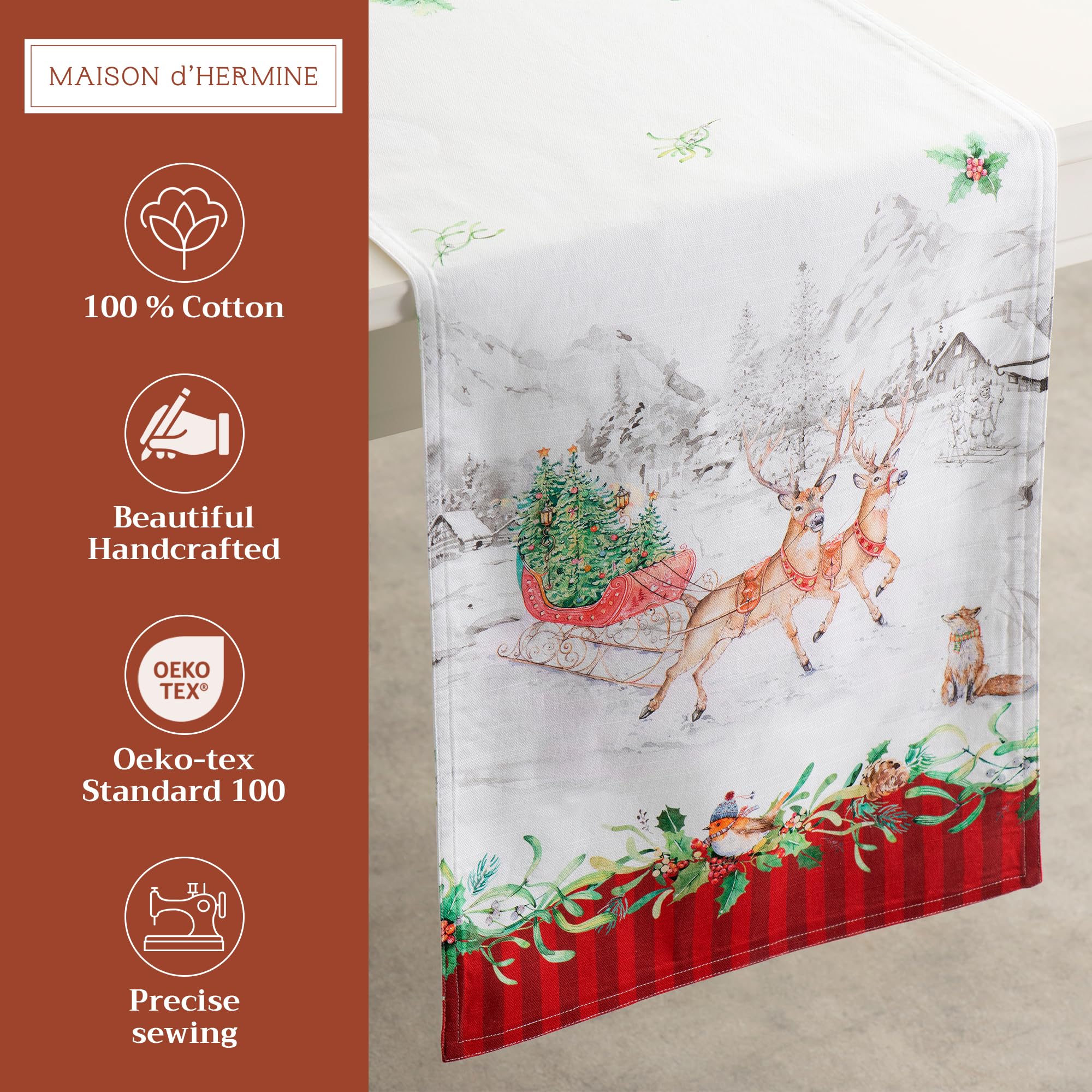 Maison d' Hermine Tablerunner 100% Cotton 14.50Inch x 72Inch Decorative Table Runner Table Runners for Gifts  Dining  Buffet  Christmas Tradition (Double Layer) - Thanksgiving/Christmas