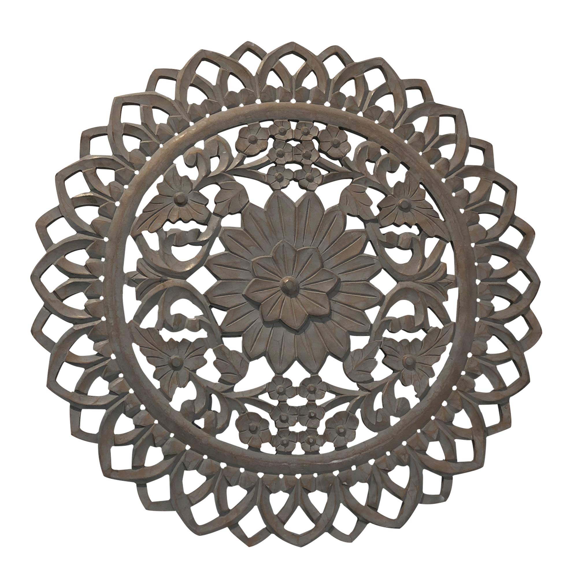 The Urban Port 36 Inch Handcarved Wooden Round Wall Art with Floral Carving, Distressed Brown