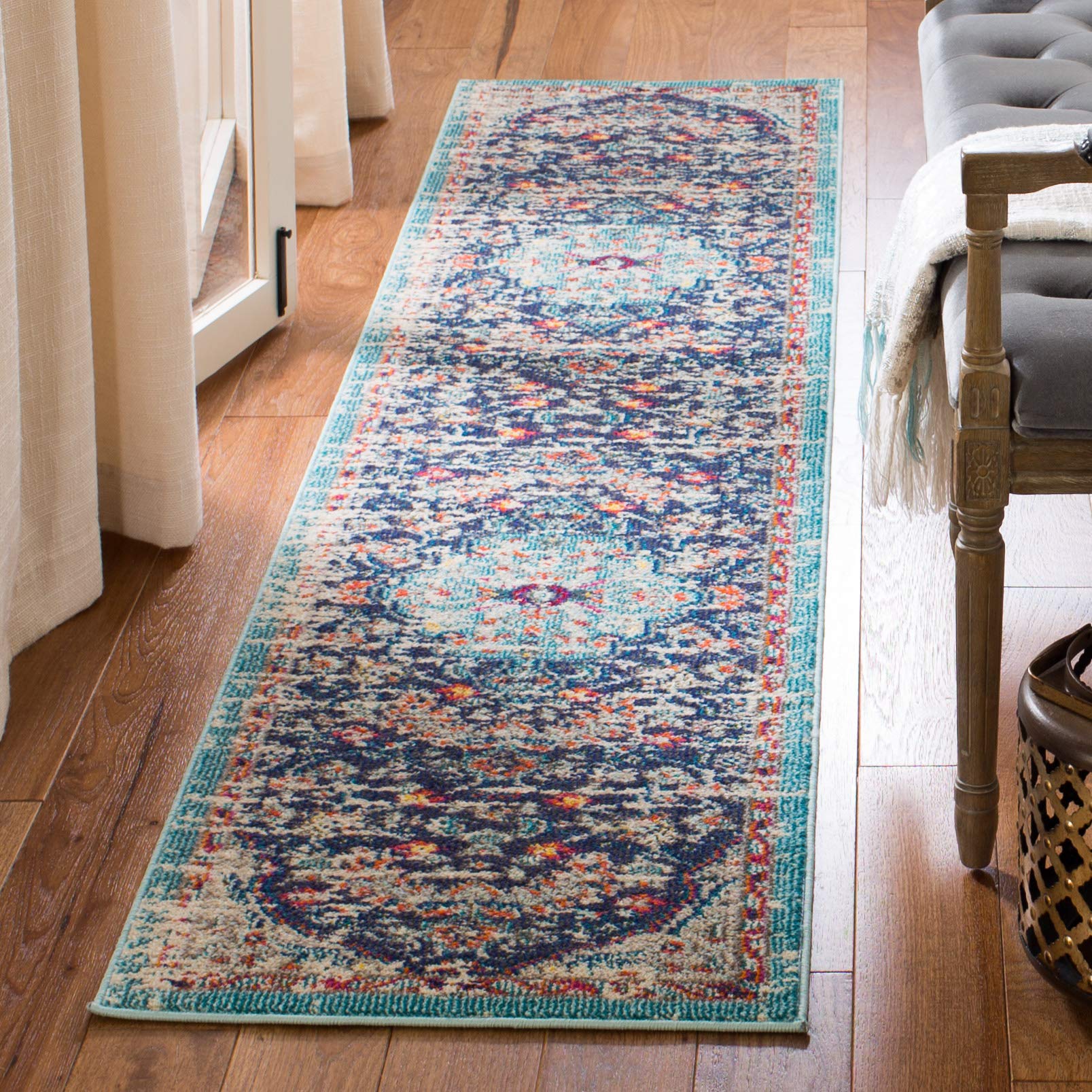 SAFAVIEH Madison Collection Runner Rug - 22 x 12, Black & Teal, Boho Chic Medallion Distressed Design, Non-Shedding & Easy Car