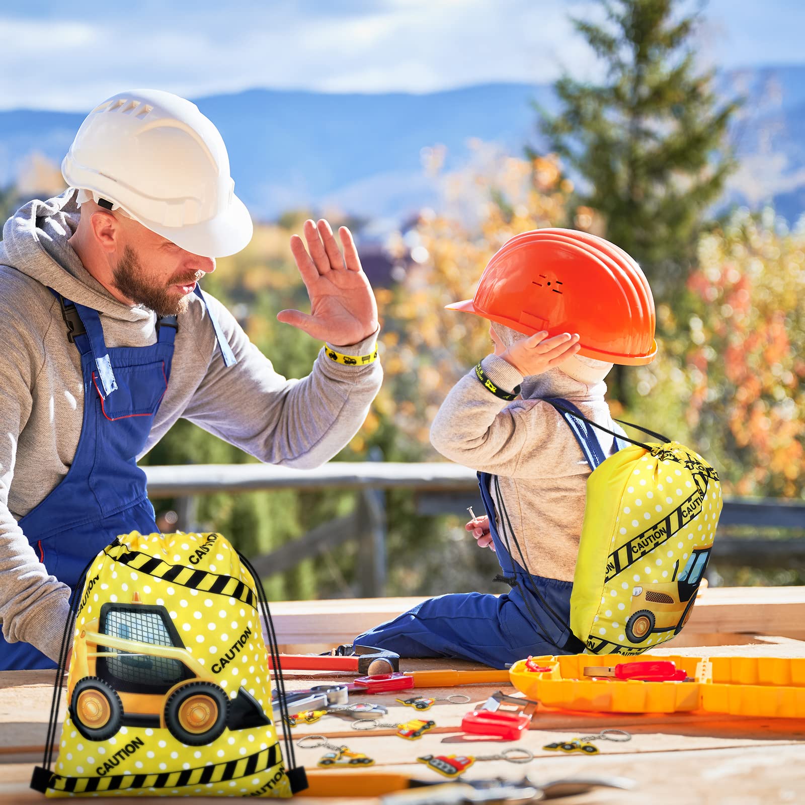 Hungdao 48 Pcs Construction Party Favors 16 Construction Party Drawstring Bags Construction Goodie Bag 16 Construction Wristband