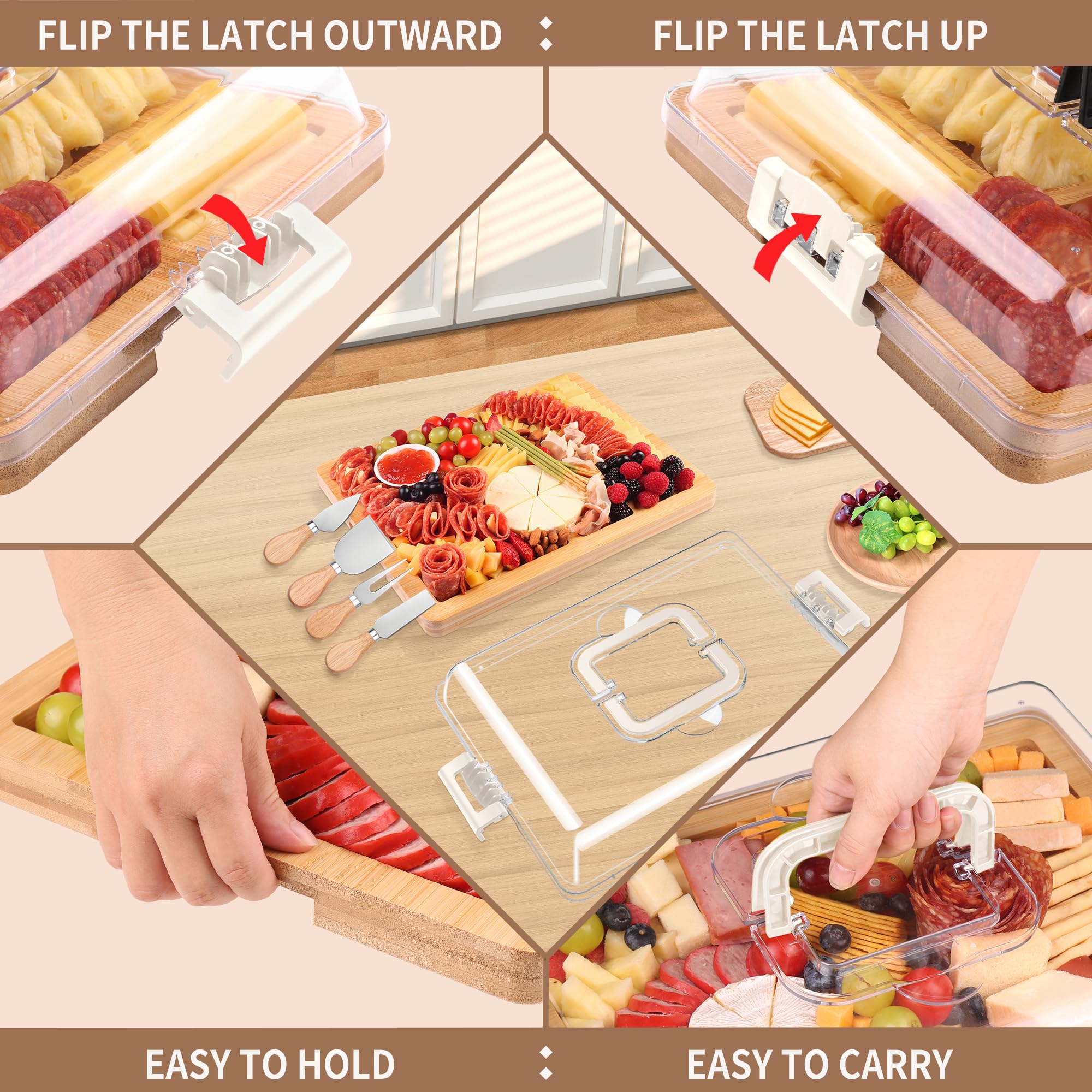 Cawiu Charcuterie Board With Lid And Handle - Portable Travel Design Bamboo Cheese Board Set With 4 Cheese Tools, Gift For House