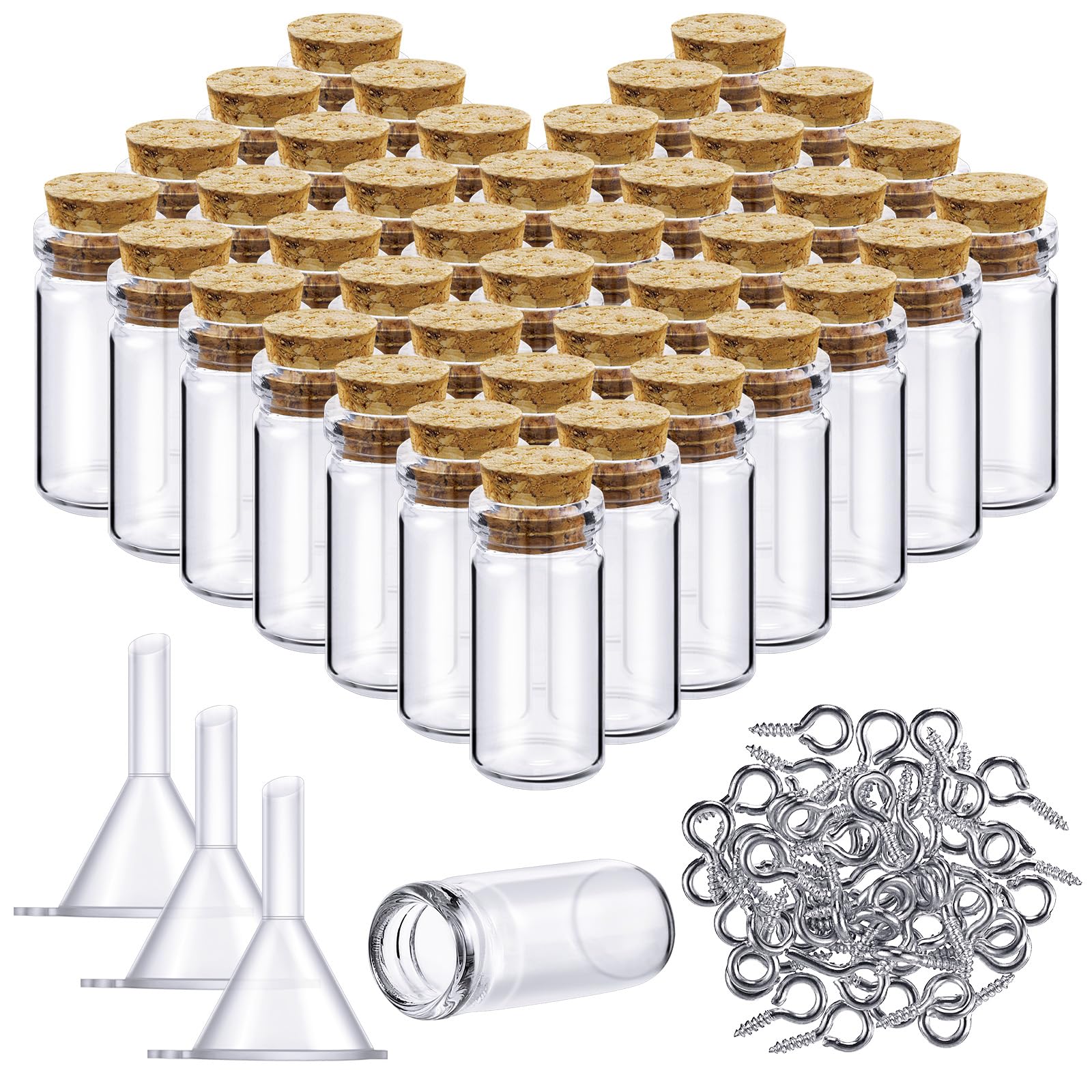 Yungyan 50 Pieces Small Mini Glass Bottles Jars with Cork Stoppers Set, Tiny Cork Glass Bottles with Eye Screws and Small Funnel
