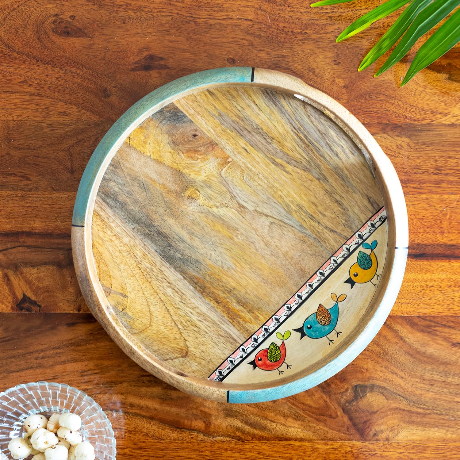 Exclusivelane Flock Of Birds Wooden Serving Tray For Snacks (Mango Wood, Handpainted, Multicolor) | Wooden Tray Set For Servin