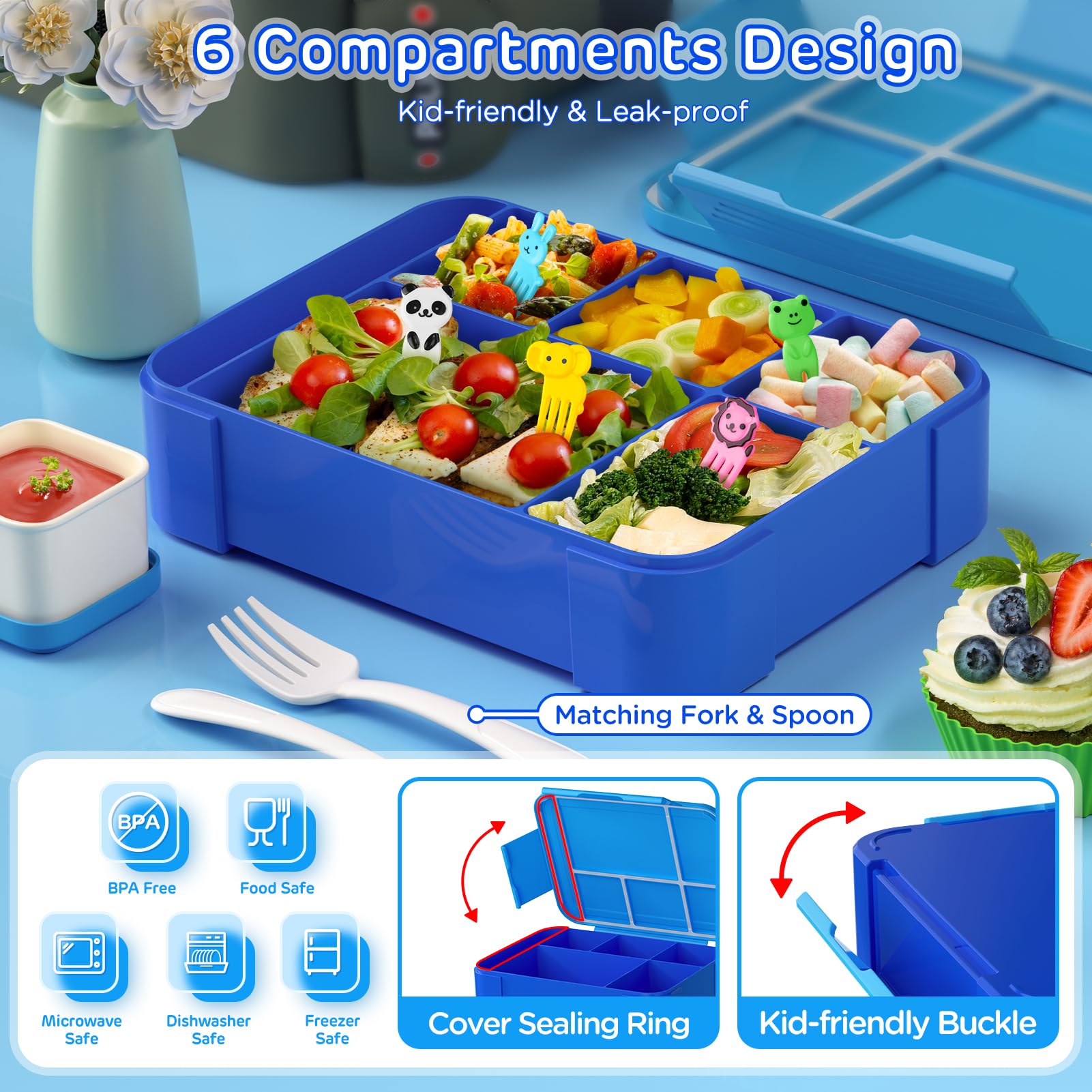 Time4Deals Kid Bento Lunch Box Set, Insulated Lunch Bag With 6 Compartment Bento Box Ice Pack Water Bottle Muffin Cup Spoon Snac