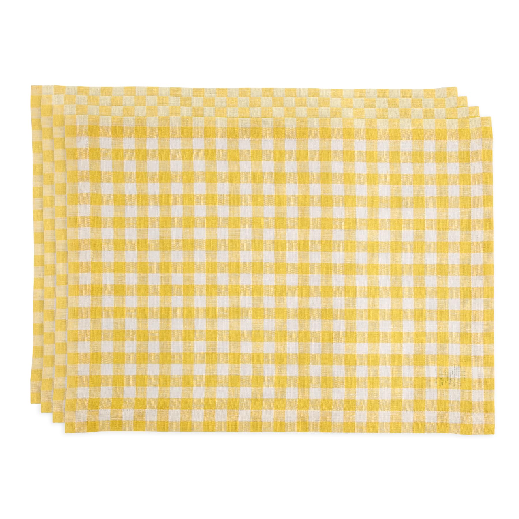 Solino Home Linen Placemats 14 x 19 Inch - 100% Pure Linen Marigold Yellow Plaid Cloth Placemats Set of 4 - Gingham Check, Washa