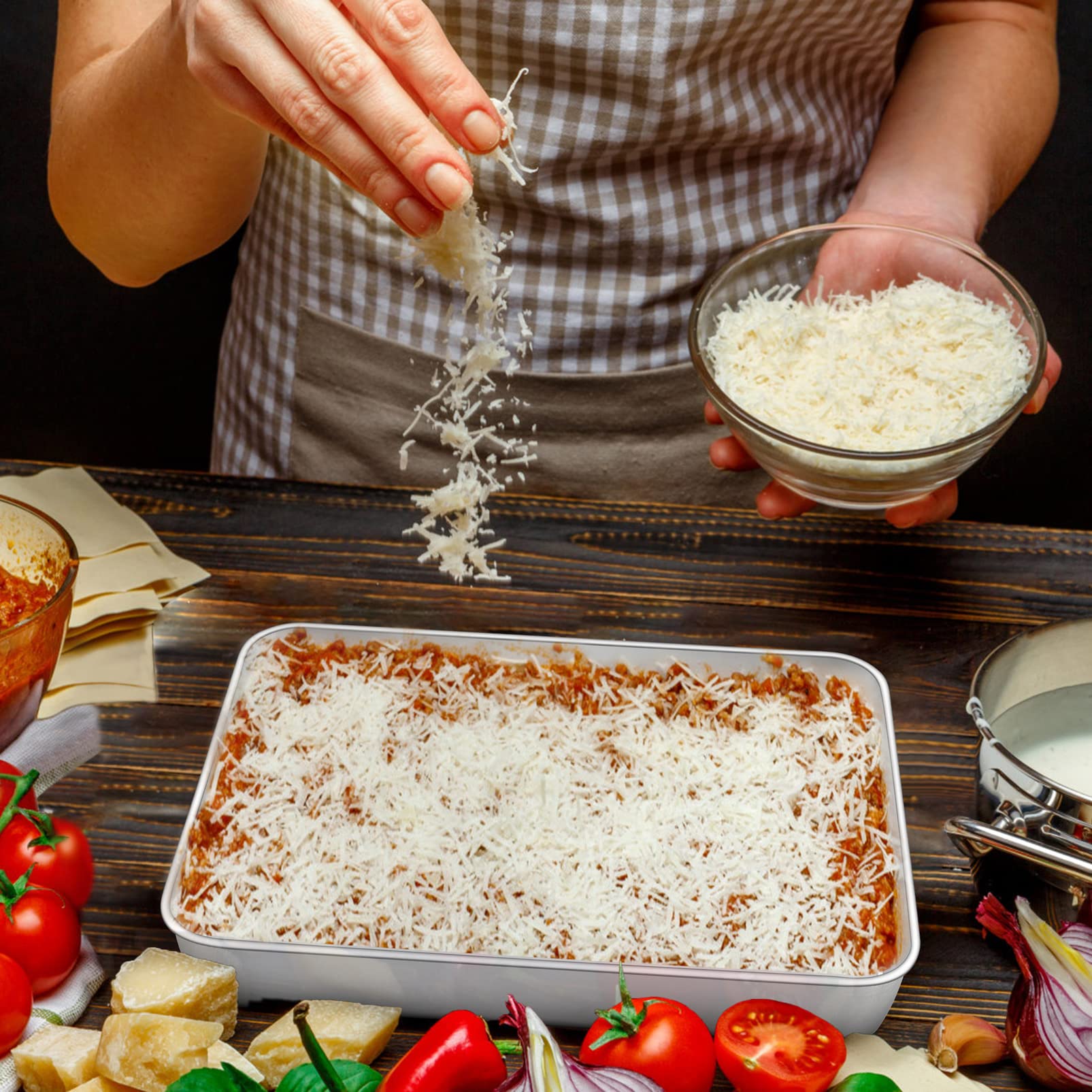TeamFar Stainless Steel Cake Pan Set - 10.5'' x 8'' x 2'', Non-Toxic, Heavy Duty, Silver, Easy Clean, Dishwasher Safe - 4 PCS