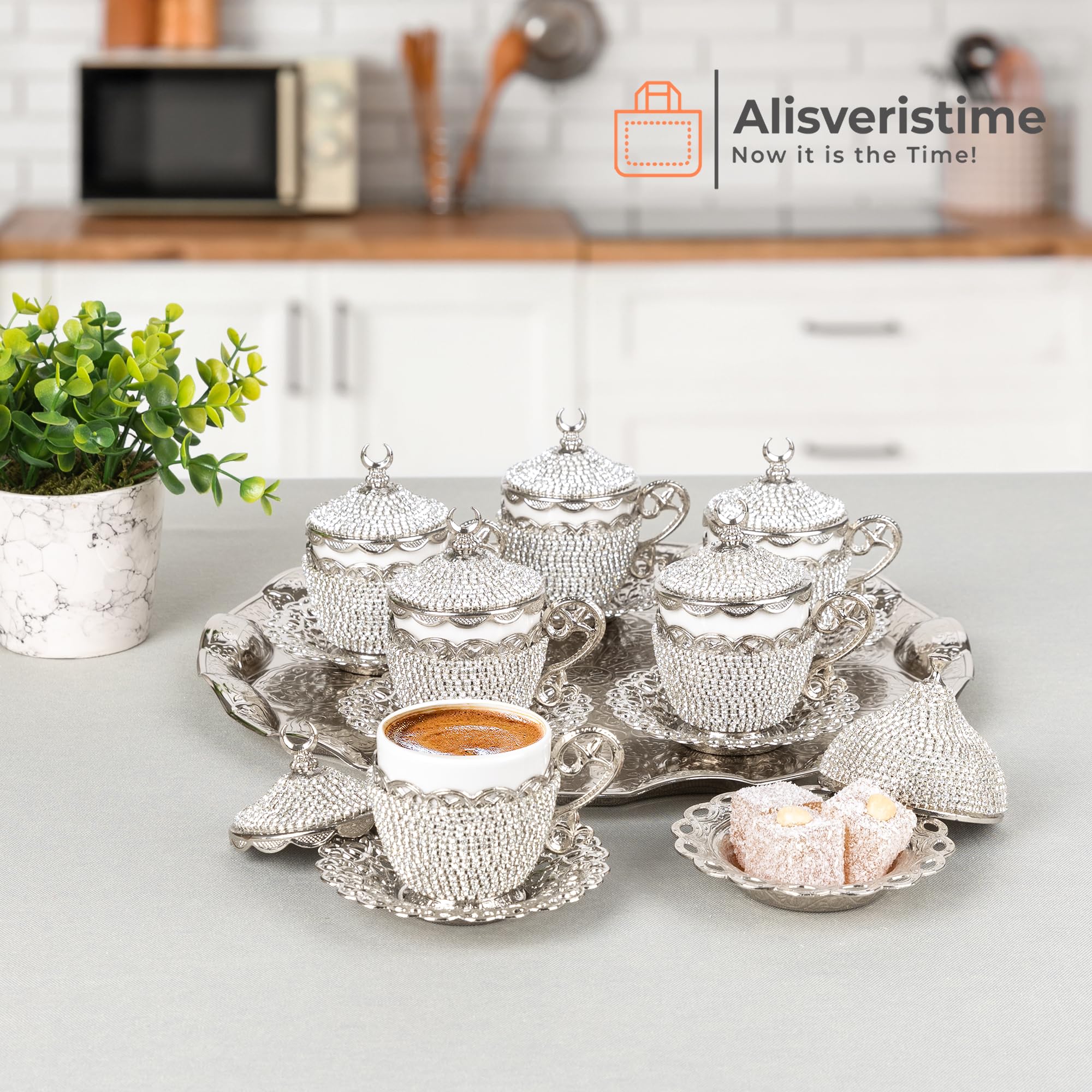 Alisveristime 27 Pc Ottoman Turkish Greek Arabic Coffee Espresso Serving Cup Saucer Crystal Set (Gelincik) - Handcrafted Traditi
