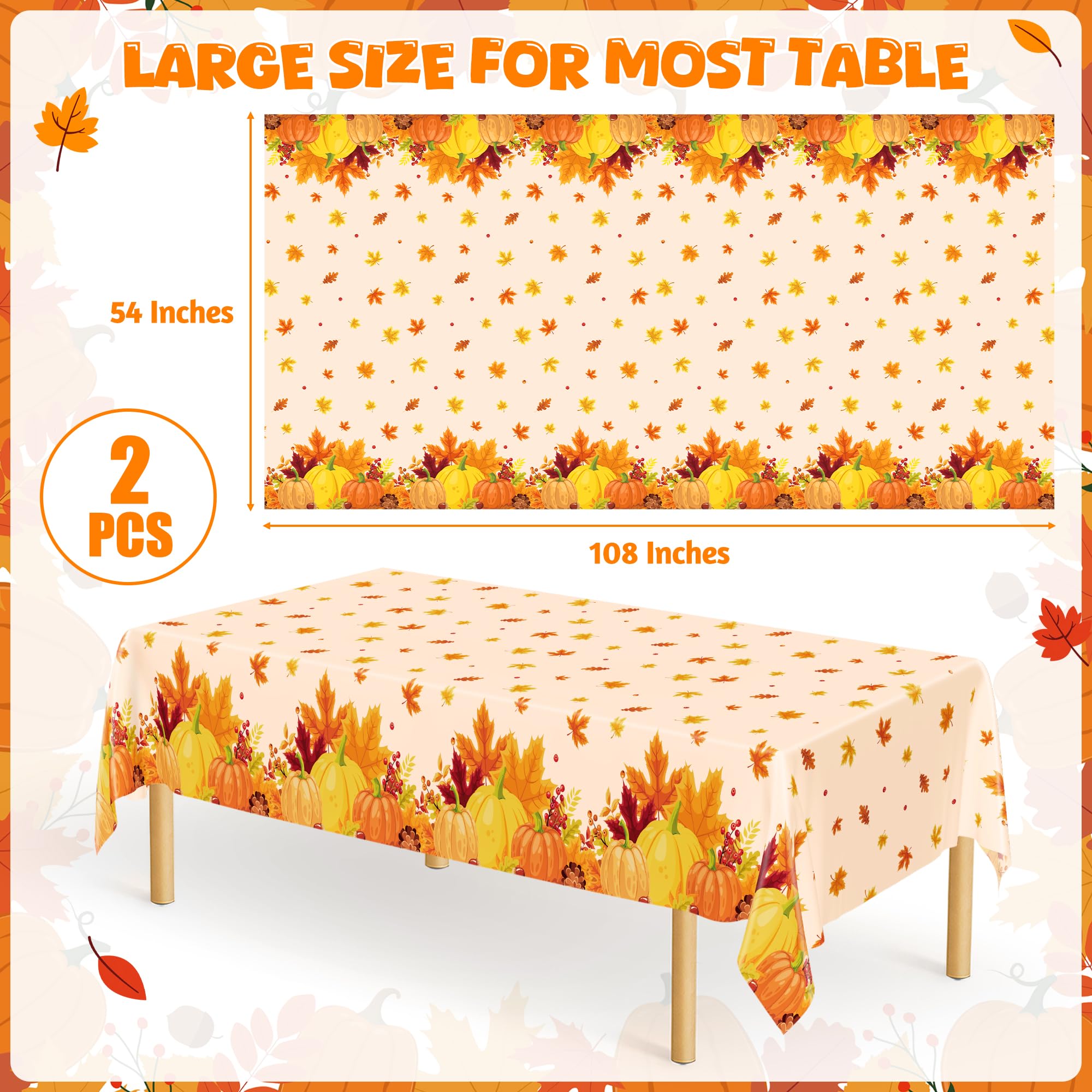 QZYL 2 Pack Thanksgiving Tablecloths, 54 x 108 Friendsgiving Plastic Tablecloth, Rectangle Disposable Tablecover Pumpkin Tablecl