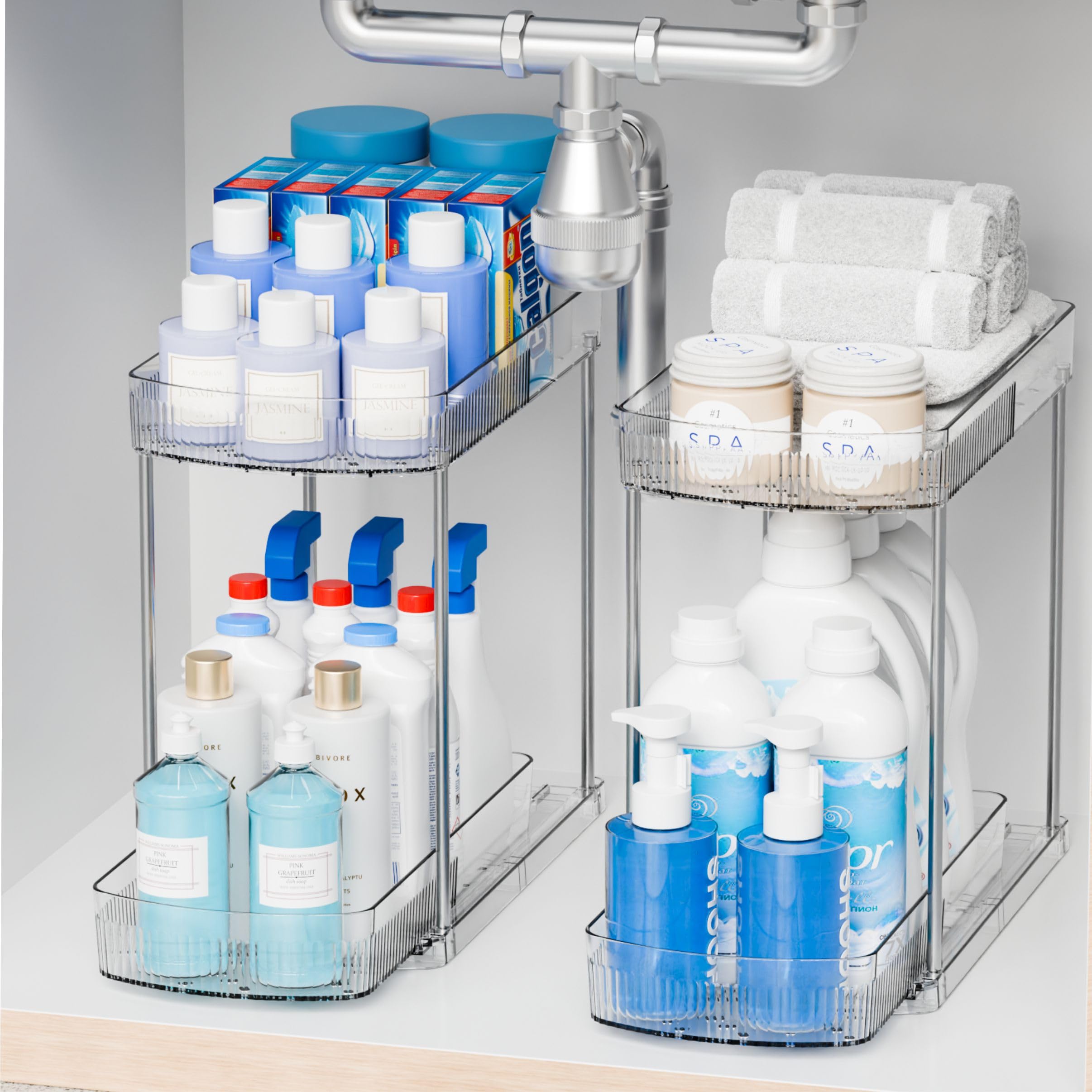 2 Pack Large Pull Out Bathroom Organizers and Storage,2 Tier 12.8 Tall Sliding Kitchen Under Sink Organizer for Cleaning Product
