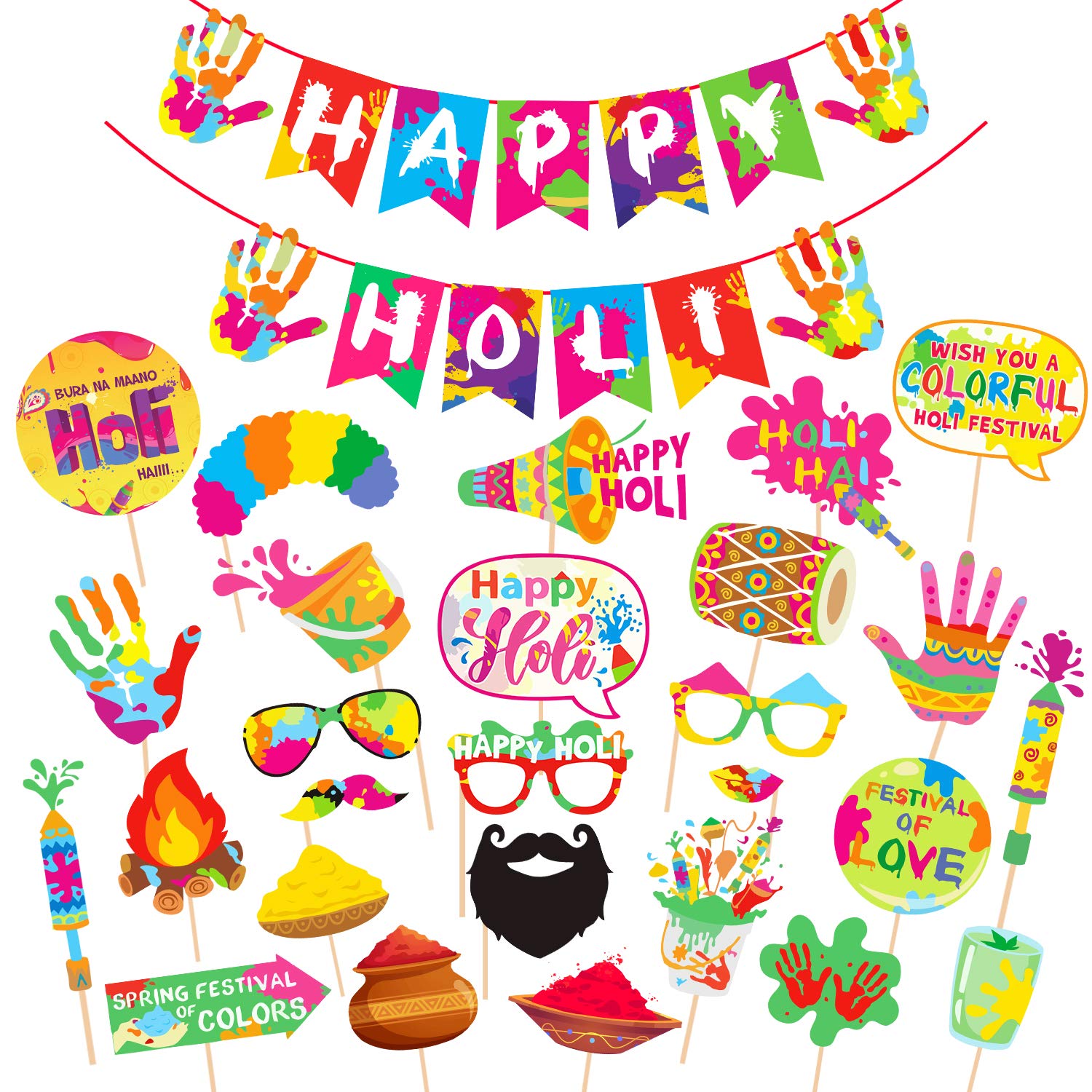 Zyozique Happy Holi Decoration Combo, Holi Decoration Items  Photo Booth Props & Happy Holi Paper Banner (Pack of 28)