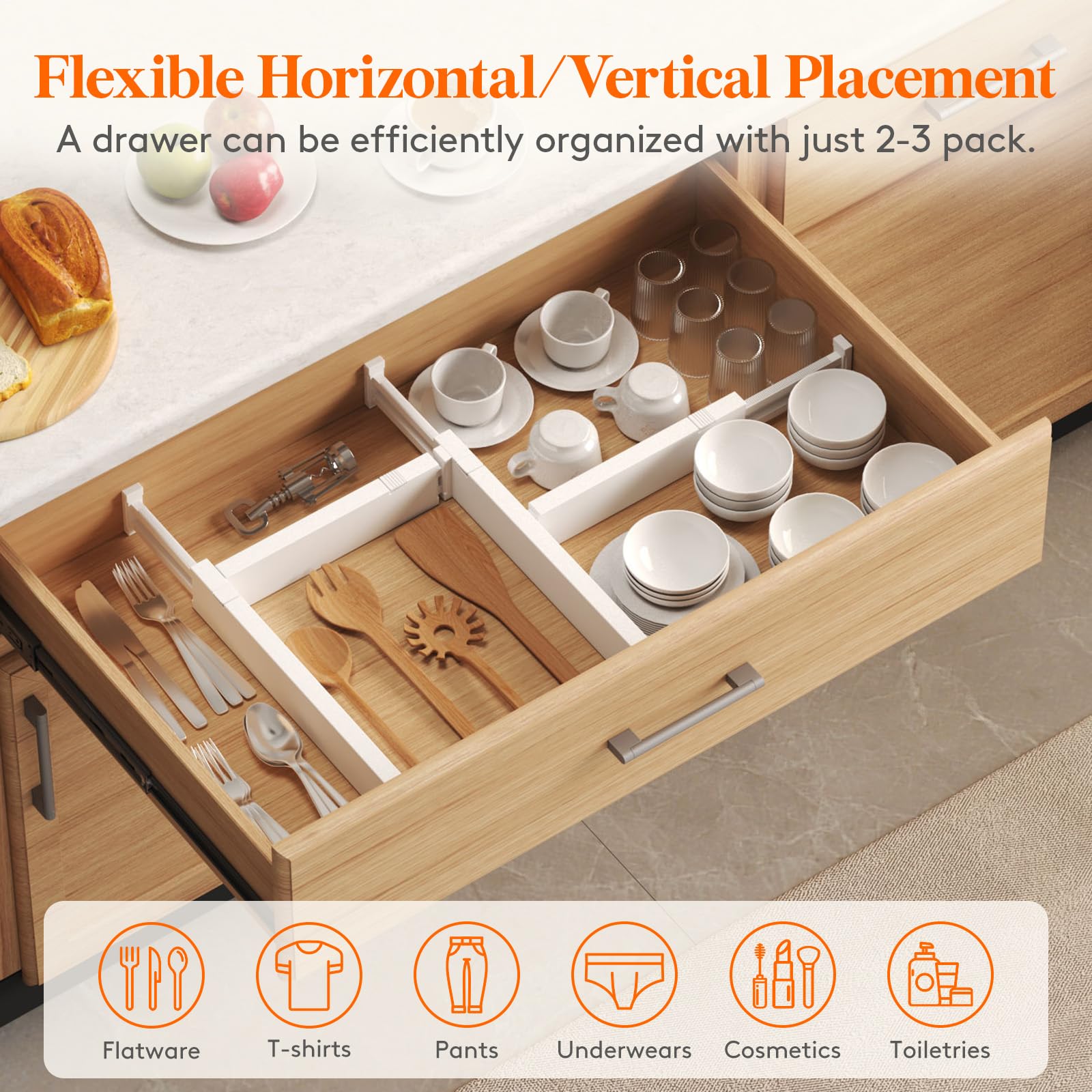 Lifewit 8 Pack Kitchen Drawer Dividers 2.36'' High, 16''-22'' Adjustable Drawer Organizer for Utensils/Clothes/Makeup, Plastic E