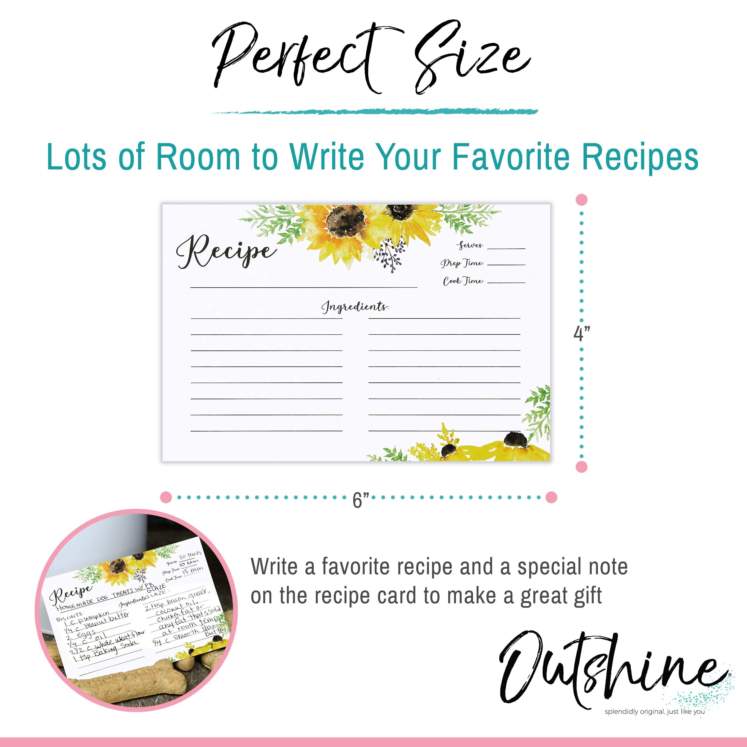 Outshine Premium Recipe Cards 4x6 Inches  Sunflower Design (Set of 50) | No-Smear Double Sided Cardstock | Bulk Blank Recipe Cards for Recipe Box 4x6 | Recipe Cards for Bridal Shower | Gift for Mom