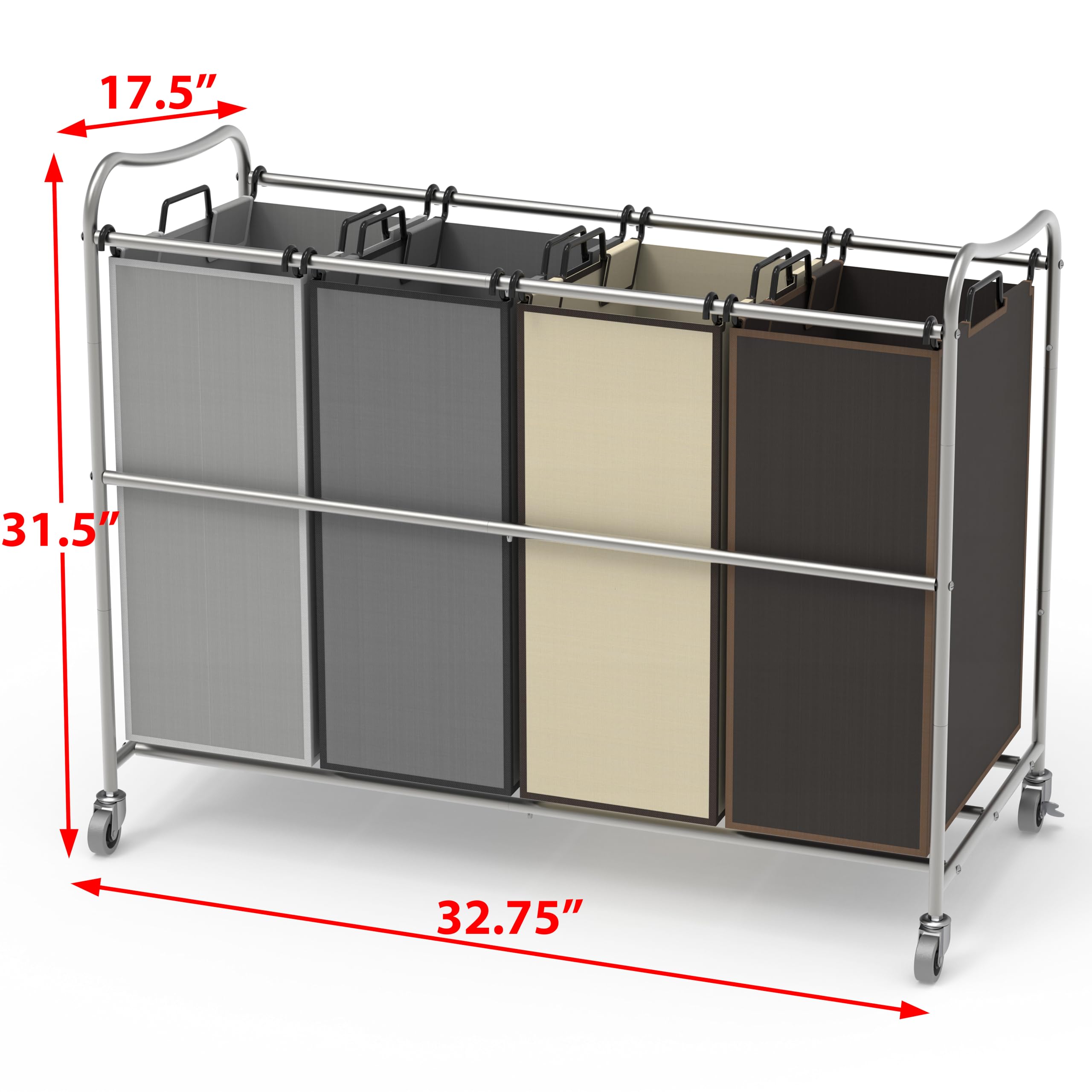 Simplehouseware 4-Bag Heavy Duty Laundry Sorter Rolling Cart, Silverassorted Bags