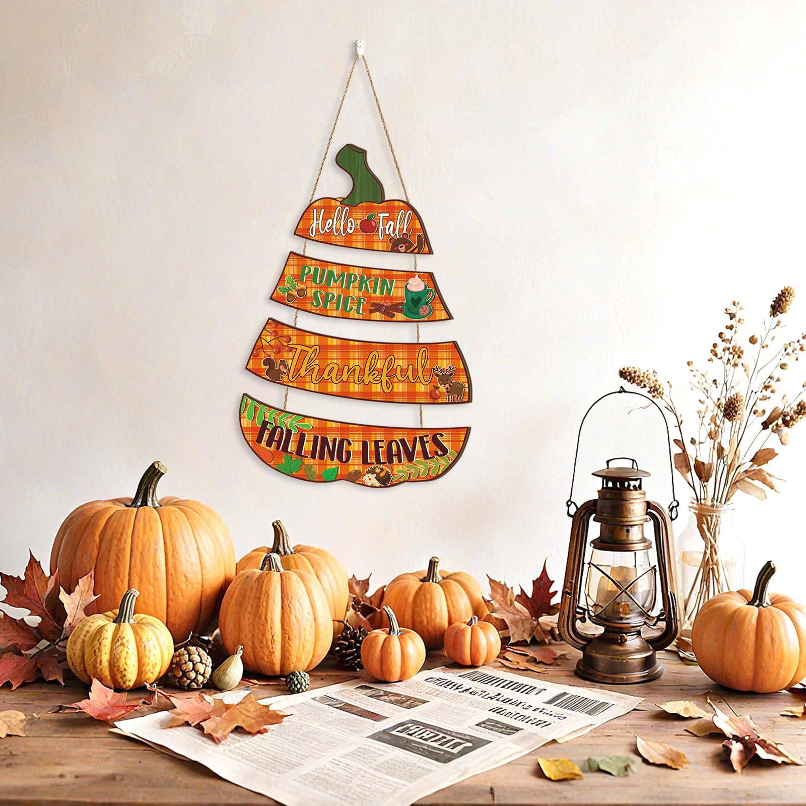 Ausril Hello Fall Door Decor,Pumpkin Fall Sign,Rustic Autumn Wall Plaque,Fall Leaves Door Hanger,Thankful Thanksgiving Wooden Do