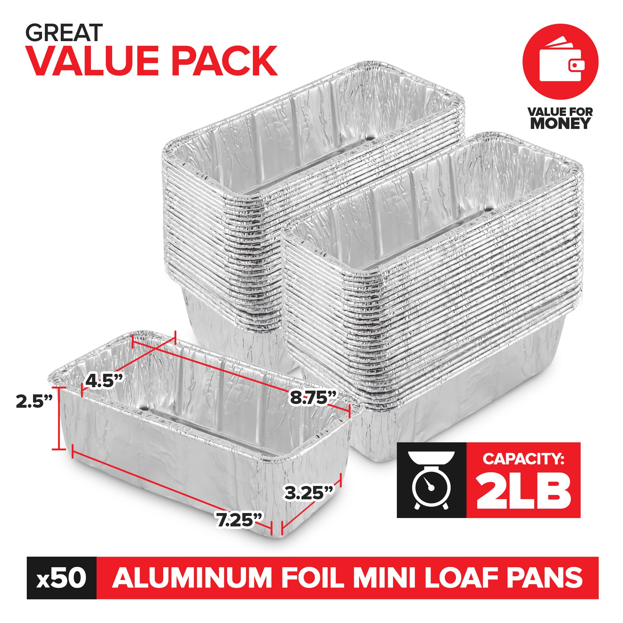 Stock Your Home 2 Lb Aluminum Foil Mini Loaf Pans (50 Pack) Disposable Small Loaf Pan - 2 Pound Baking Tin Liners, Perfect To Ba