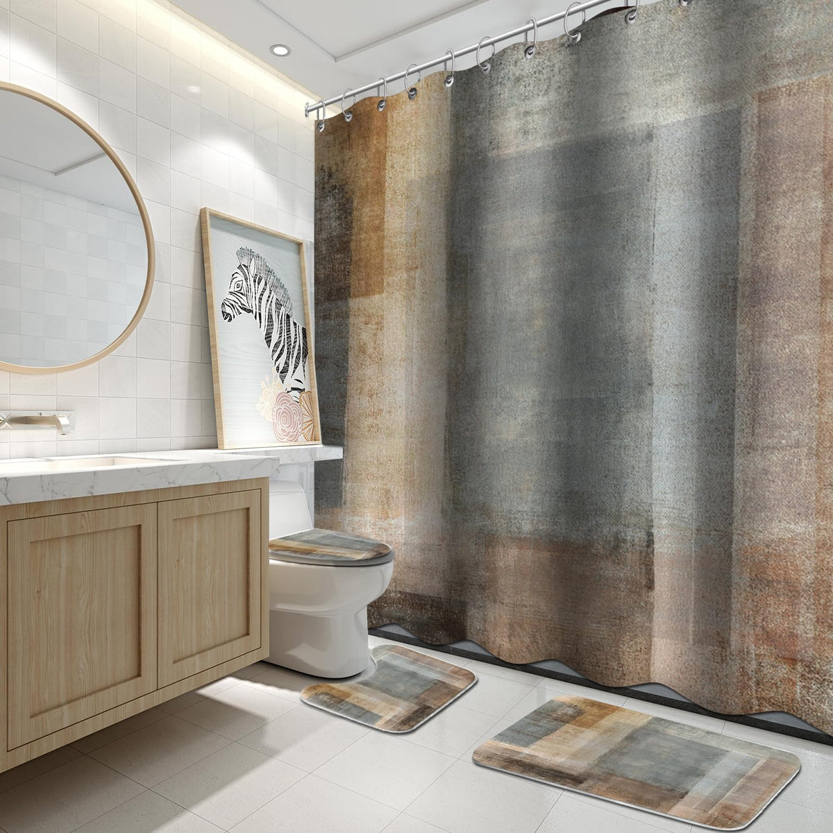 Lnond 4Pcs Bathroom Shower Curtain Sets With Rugs,Brown Gradient Painting Art Bathroom Sets With Shower Curtain And Rugs And Acc
