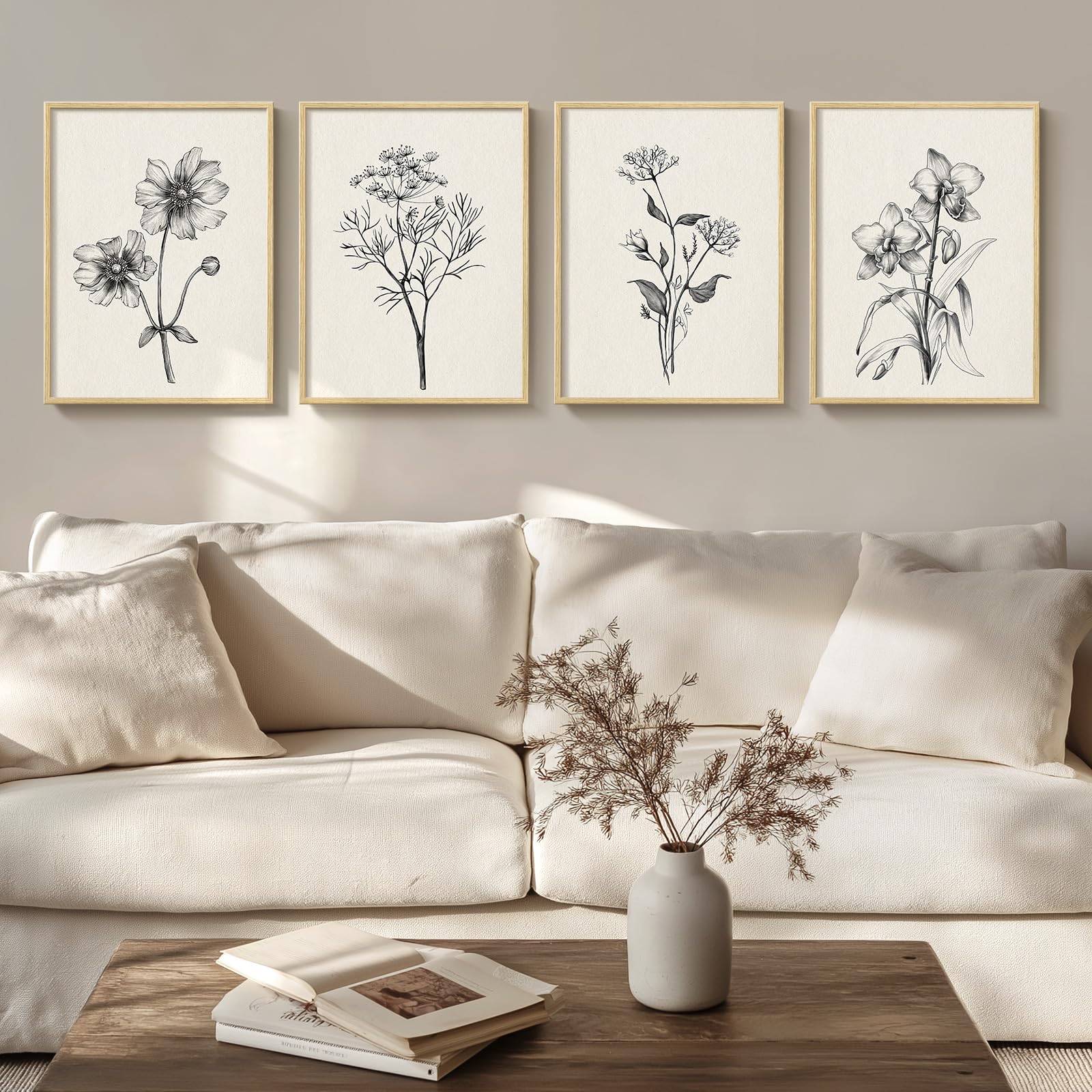 Neutral Framed Black White Floral Wall Art For Living Room, 4 Piece Rustic Canvas Prints Wall Paintings Artwork For Walls, Vinta
