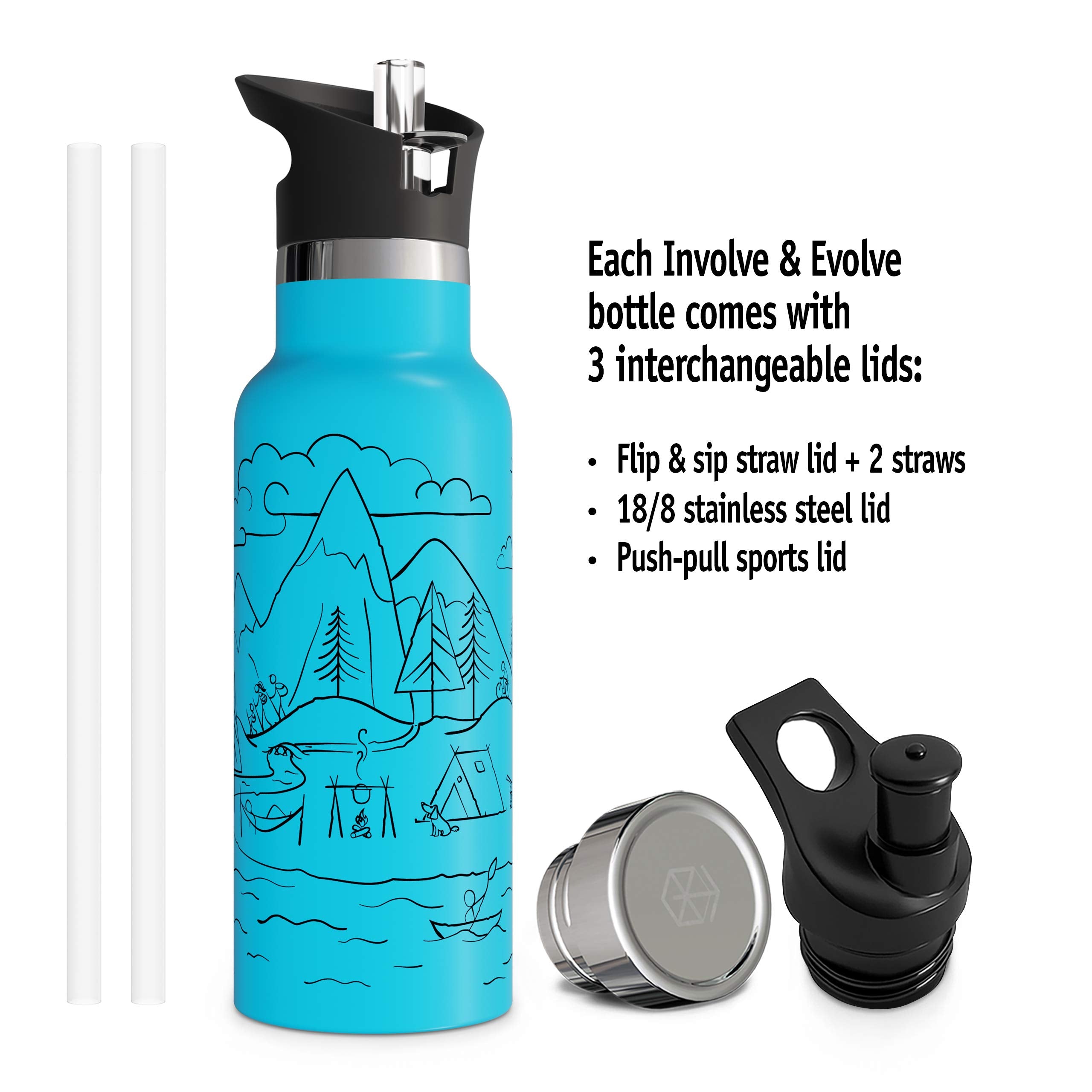 Involve & Evolve Insulated Water Bottle with 3 Lids (Straw Lid) Kids Reusable Double Walled Stainless Steel Flask Metal Thermos Stay Wild 12oz 17oz 20oz 25oz (17oz Blue)