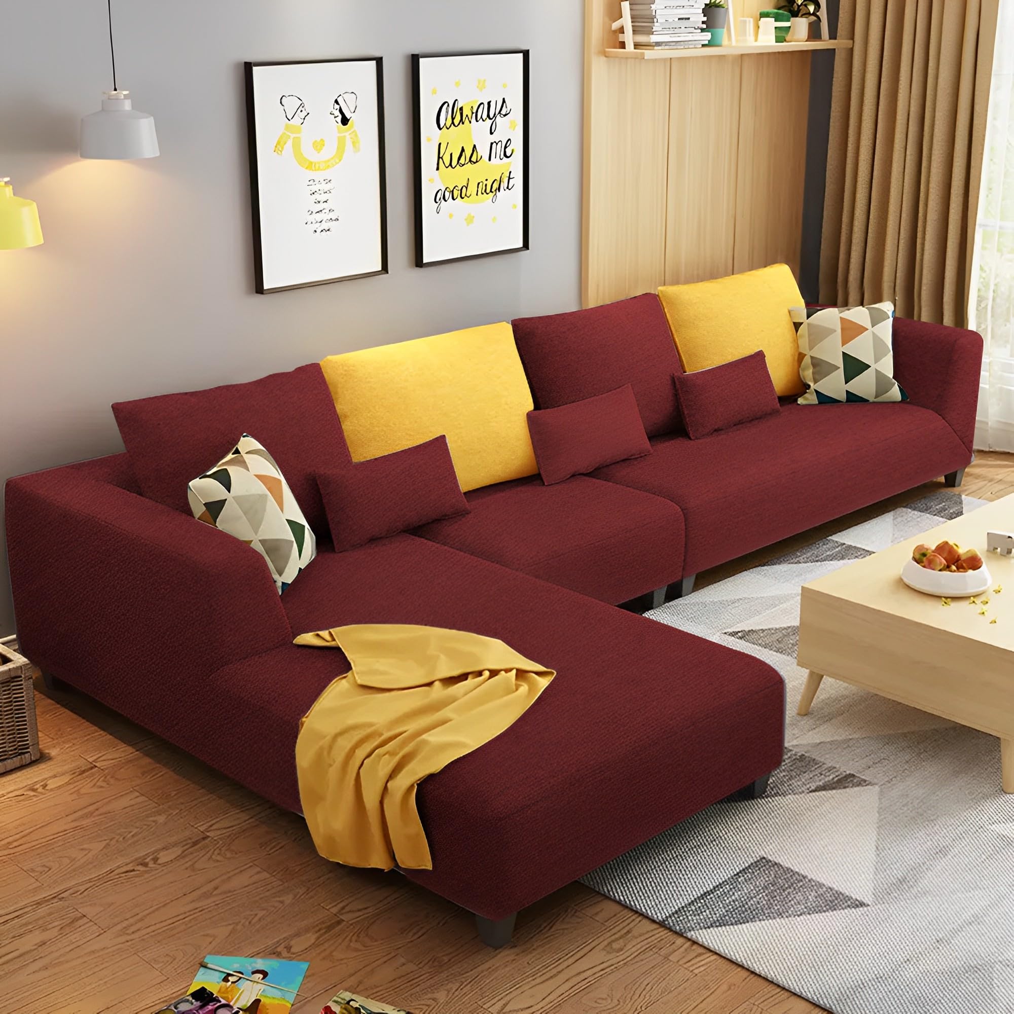 Casaliving Minta Lhs 6 Seater L Shape Sofa Set For Living Room (Maroon Fabric)