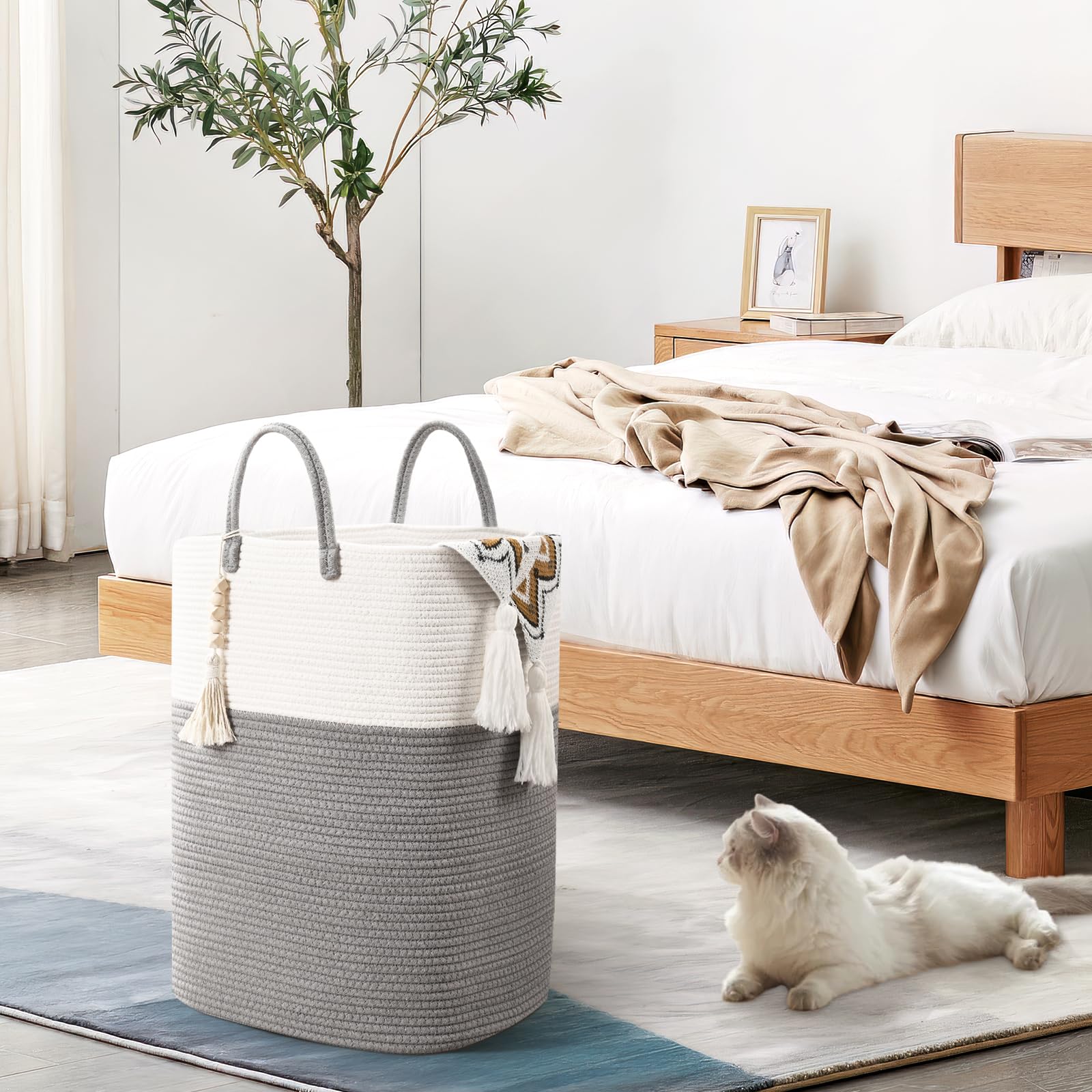 Woven Laundry Basket For Clothes, 100L Large Rectangle Laundry Hampers With Beads Tassel, Nursery Storage Basket For Toys, Tall